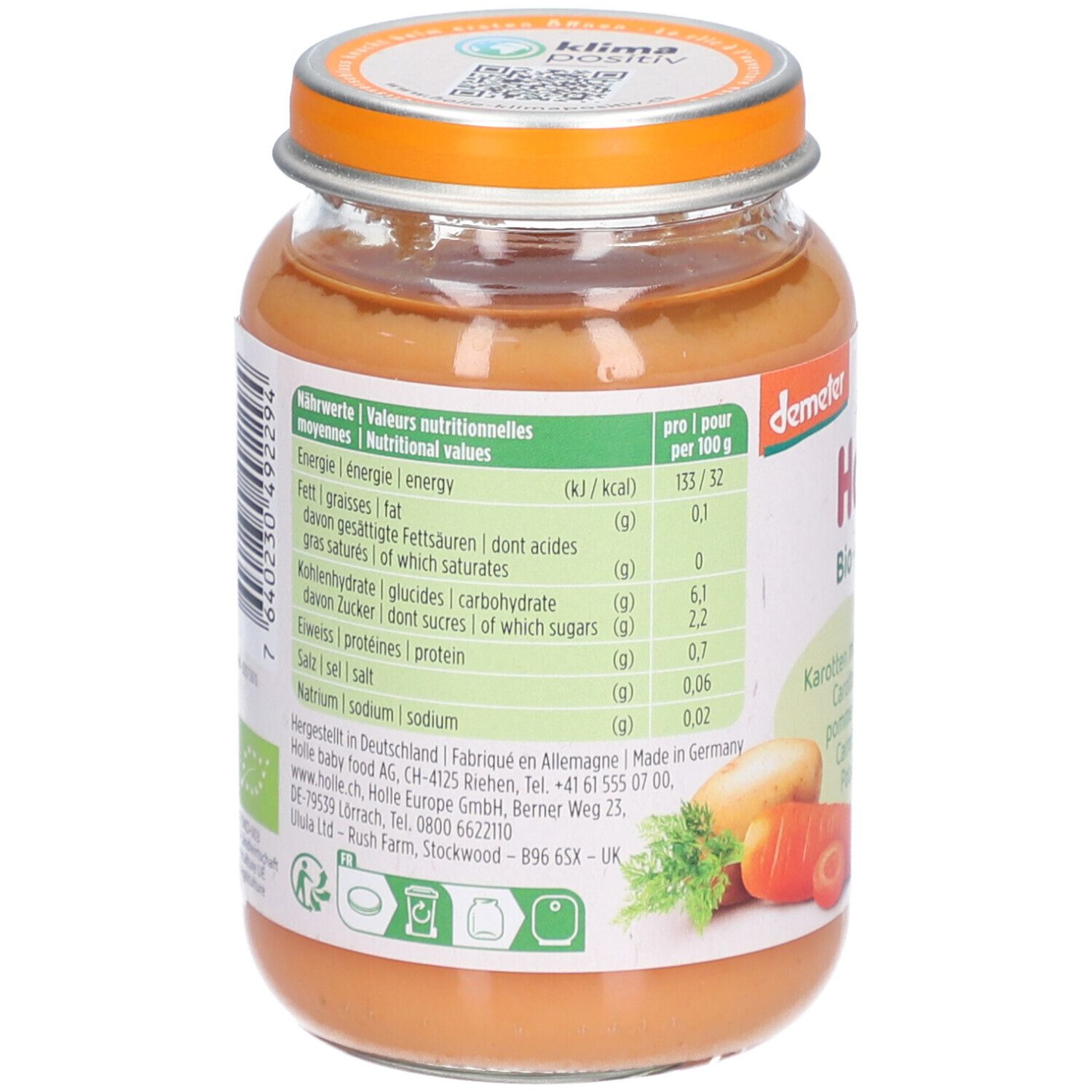 Dos du pot Holle Bio-Organic. Informations nutritionnelles, liste des ingrédients. Label Demeter. Purée orange.