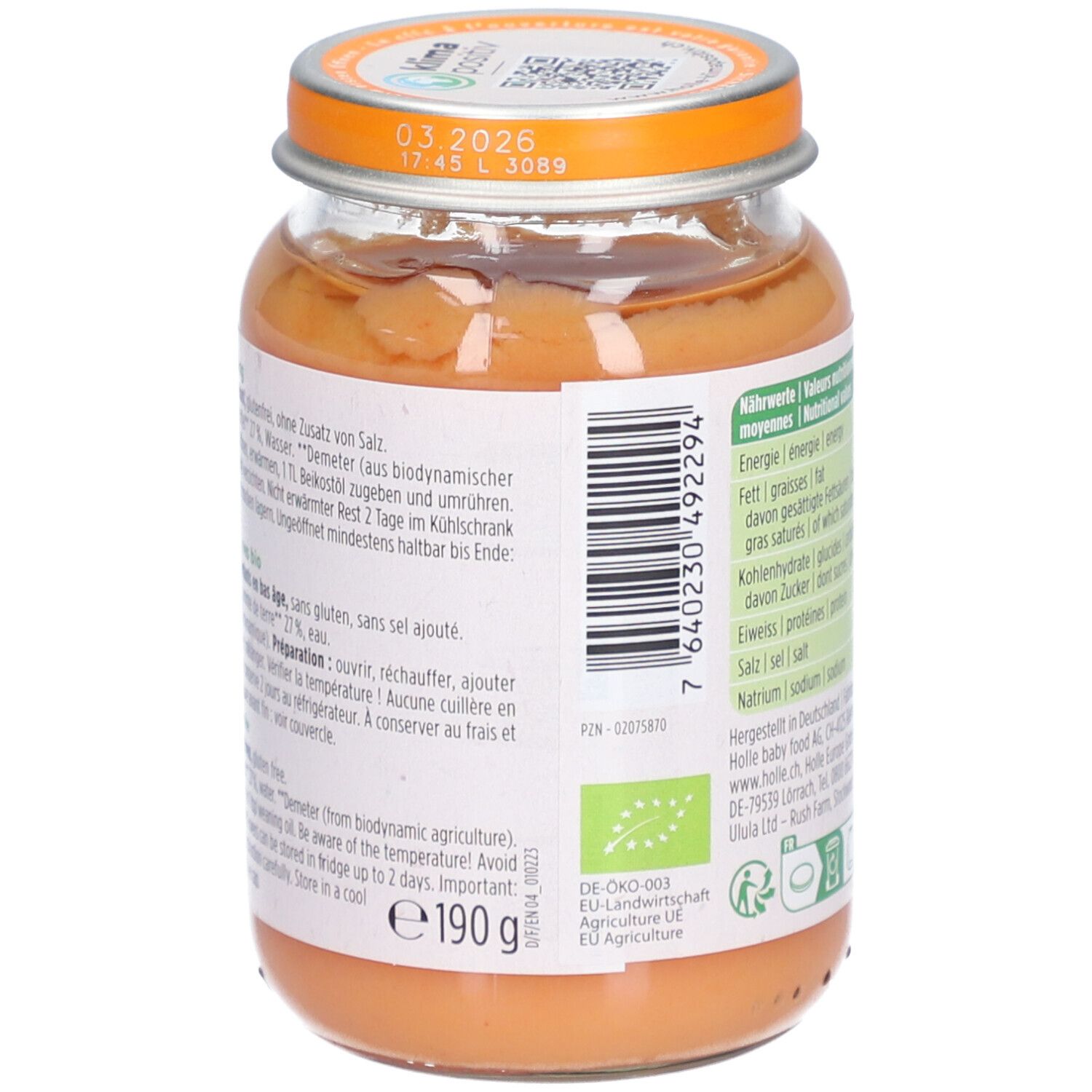 Dos du pot Holle Bio-Organic. Date limite, liste des ingrédients. Label Demeter. Purée orange.
