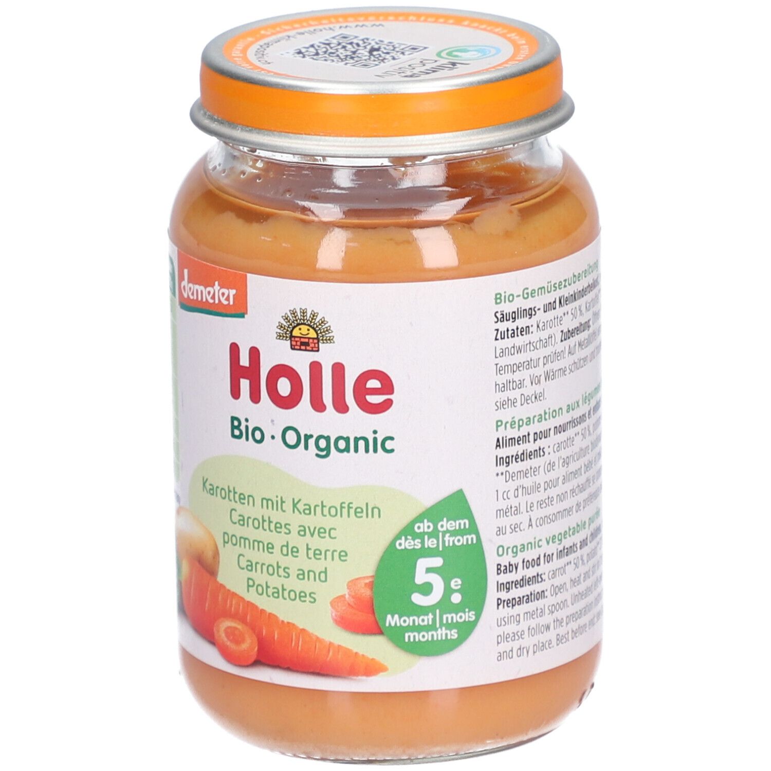 Pot Holle Bio-Organic carottes et pommes de terre. Purée orange, couvercle orange. Label Demeter.