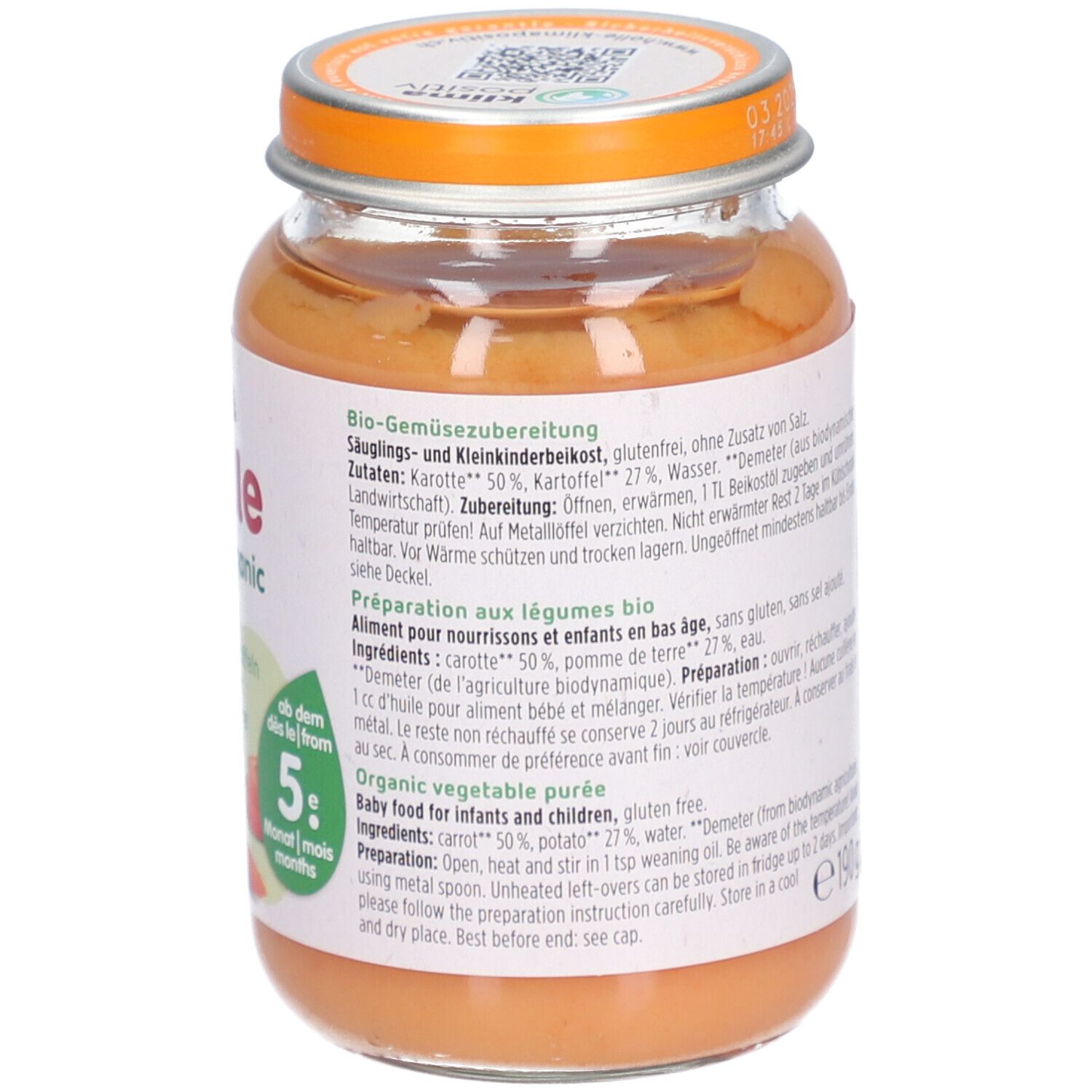 Dos du pot Holle Bio-Organic. Liste des ingrédients, DLC. Label Demeter. Purée orange.