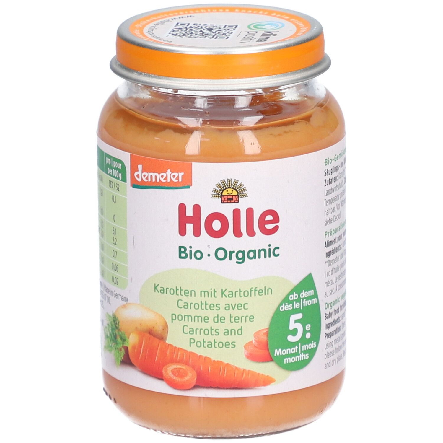 Pot de purée Holle Bio-Organic carottes et pommes de terre. Purée orange, couvercle orange. Label Demeter.