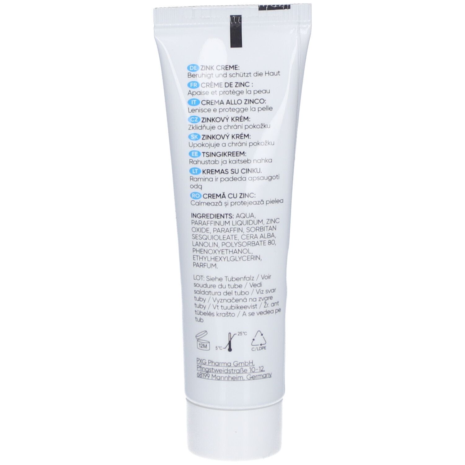 Dos du tube. Texte en plusieurs langues : Zink Creme, Creme de Zinc, Crema allo Zinco, Zinkovy Krem, Zinkovy Krem, Zinkcreme, Kremas su cinku, Crema cu Zinc.