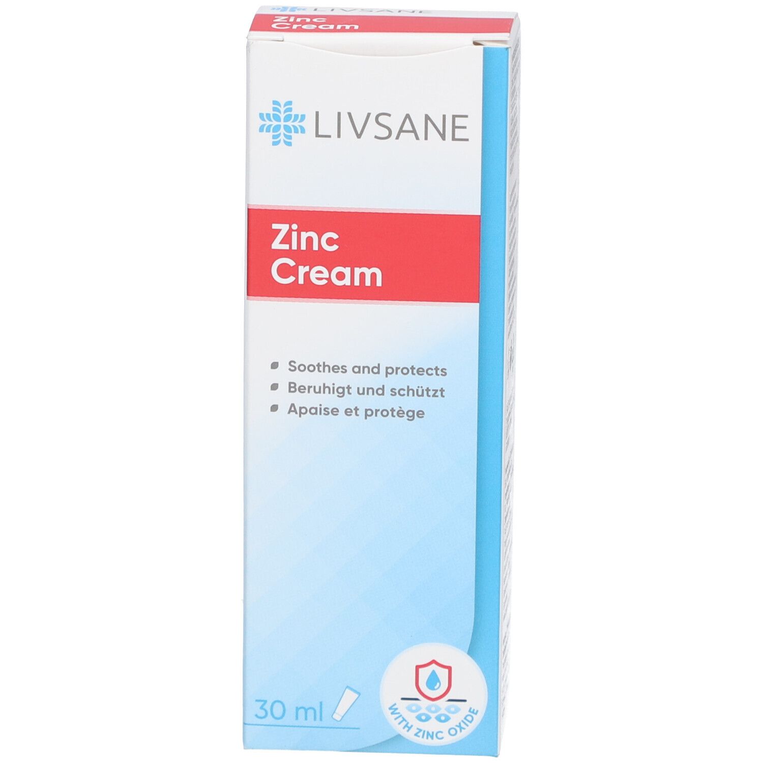 Boîte de crème au zinc LIVSANE. Blanc, bleu et rouge. Contient de l'oxyde de zinc. Texte : Soothes and protects, Beruhigt und schützt, Apaise et protège. 30 ml.