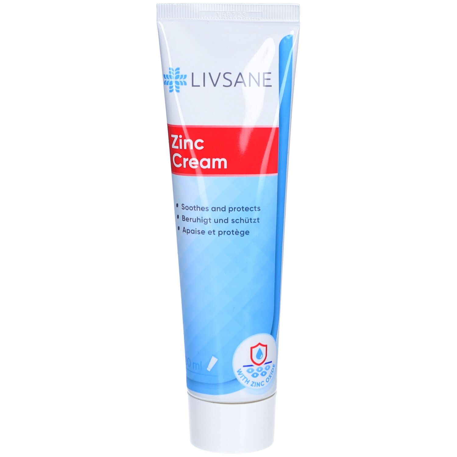 Tube de crème au zinc LIVSANE. Bleu et blanc. Texte: Zinc Cream, apaise et protège. Avec oxyde de zinc.