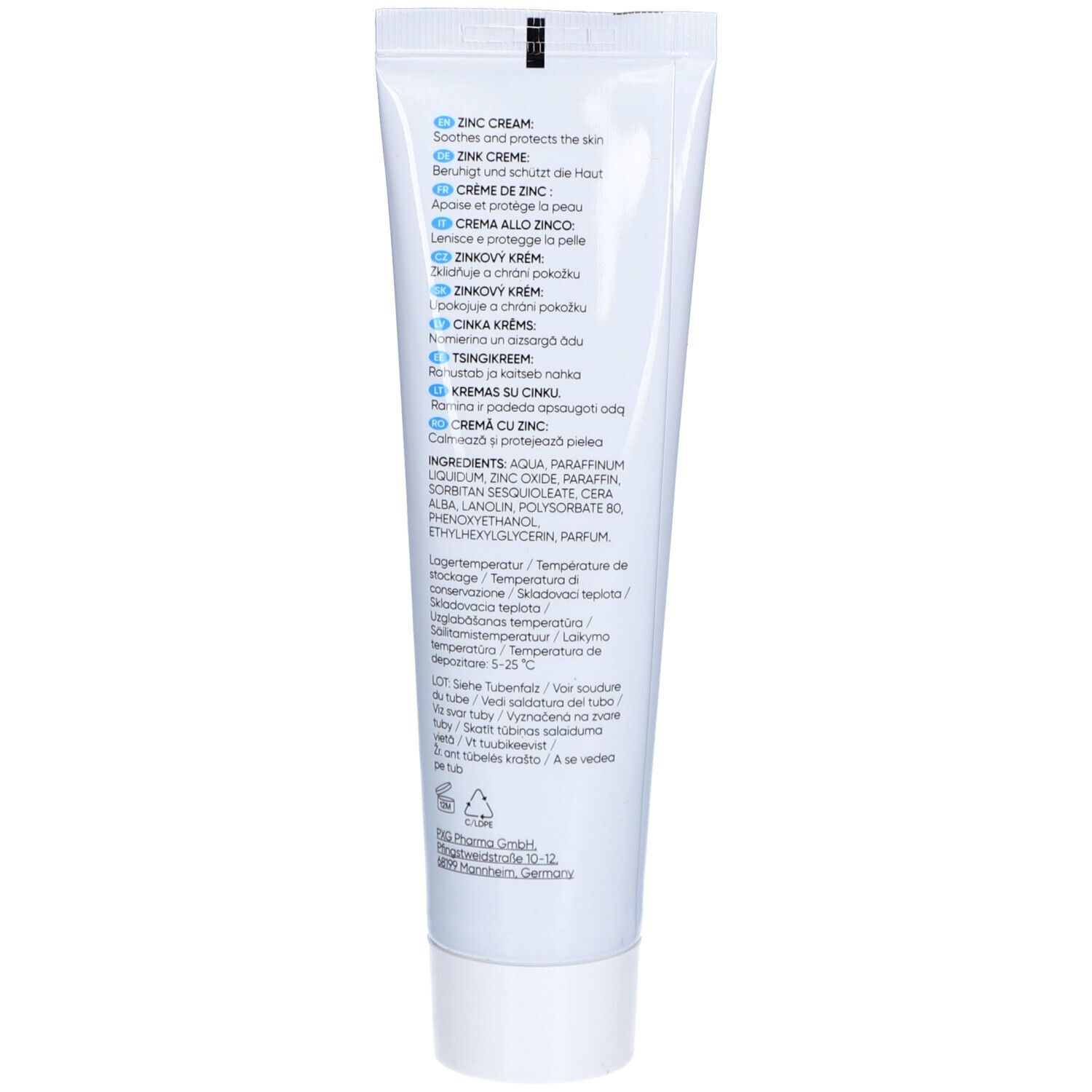 Dos du tube de crème au zinc LIVSANE. Texte: Ingrédients, instructions d'utilisation, informations fabricant.