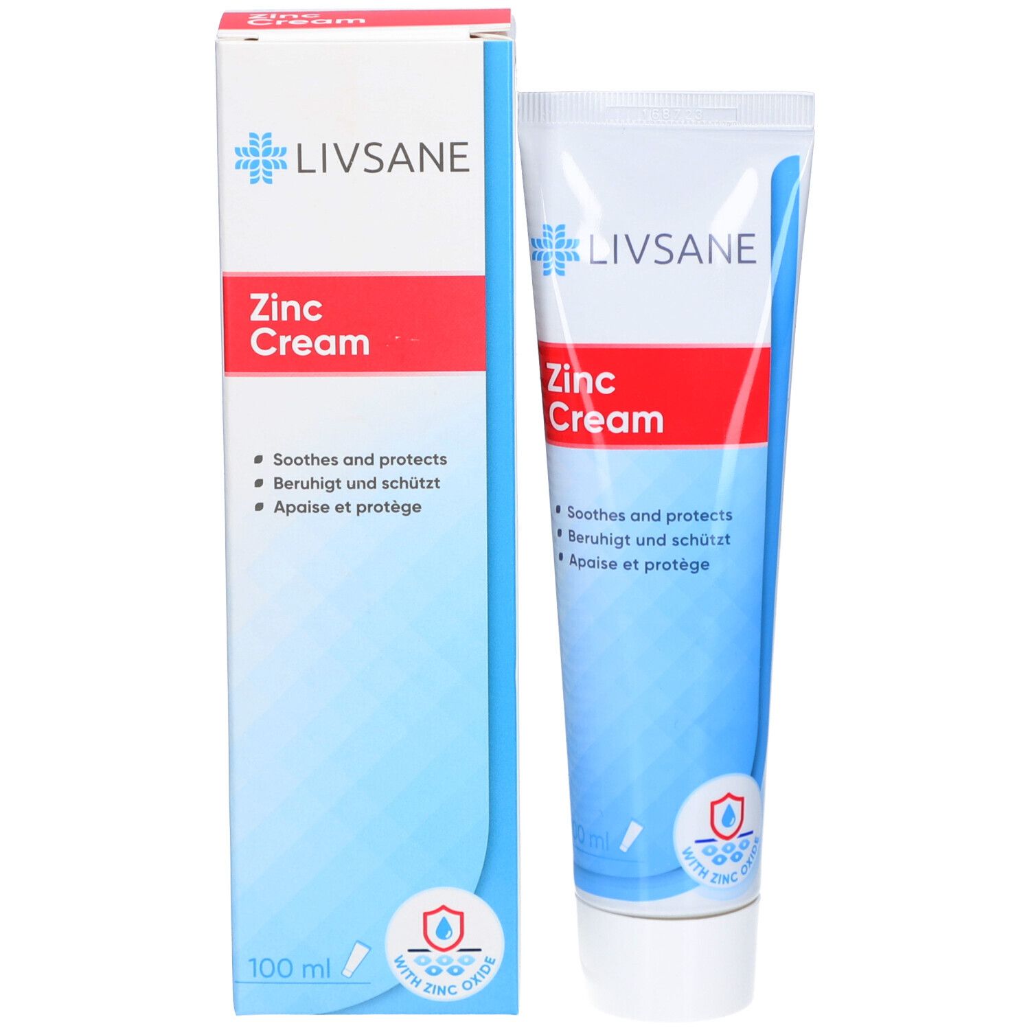 Tube et emballage de crème au zinc LIVSANE. Blanc, bleu, rouge. Texte: Zinc Cream, apaise et protège. Avec oxyde de zinc.