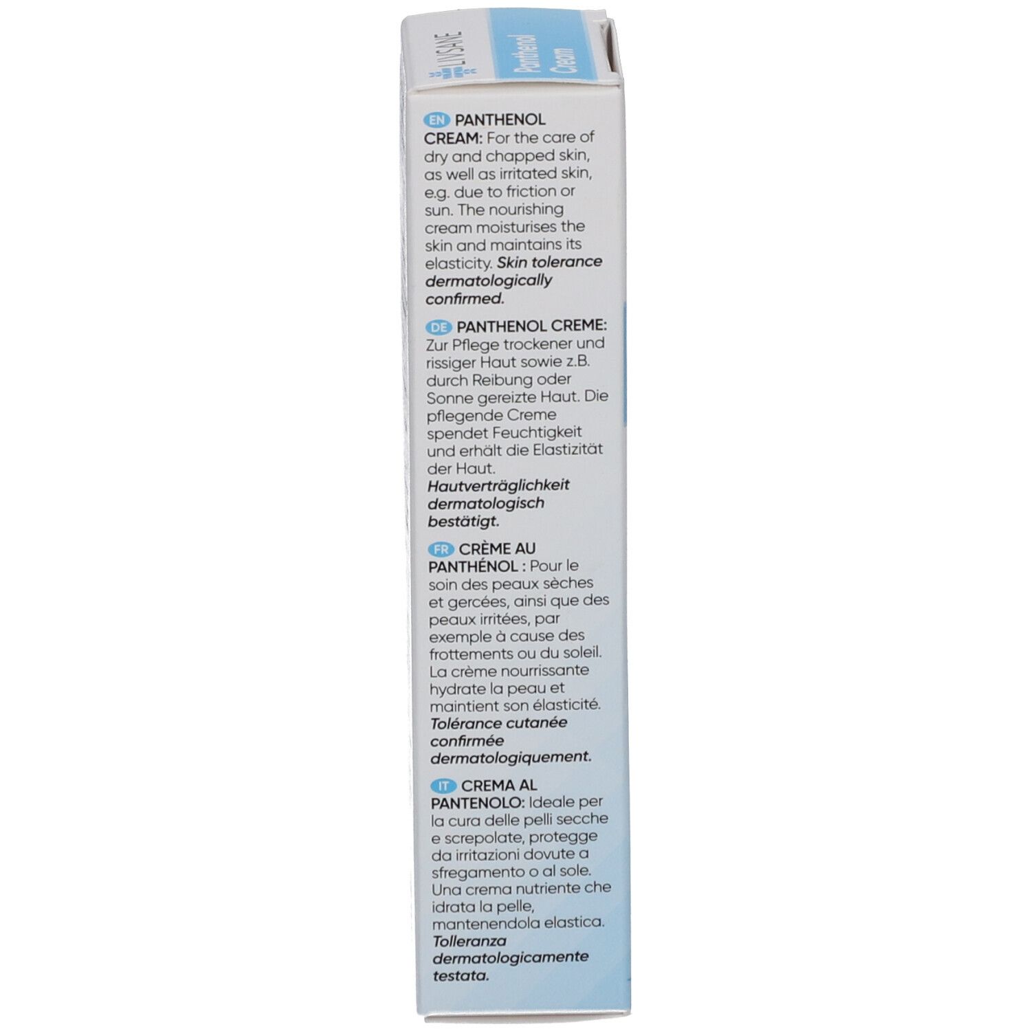 Côté de la boîte avec texte multilingue. Informations sur l'utilisation et confirmation dermatologique.