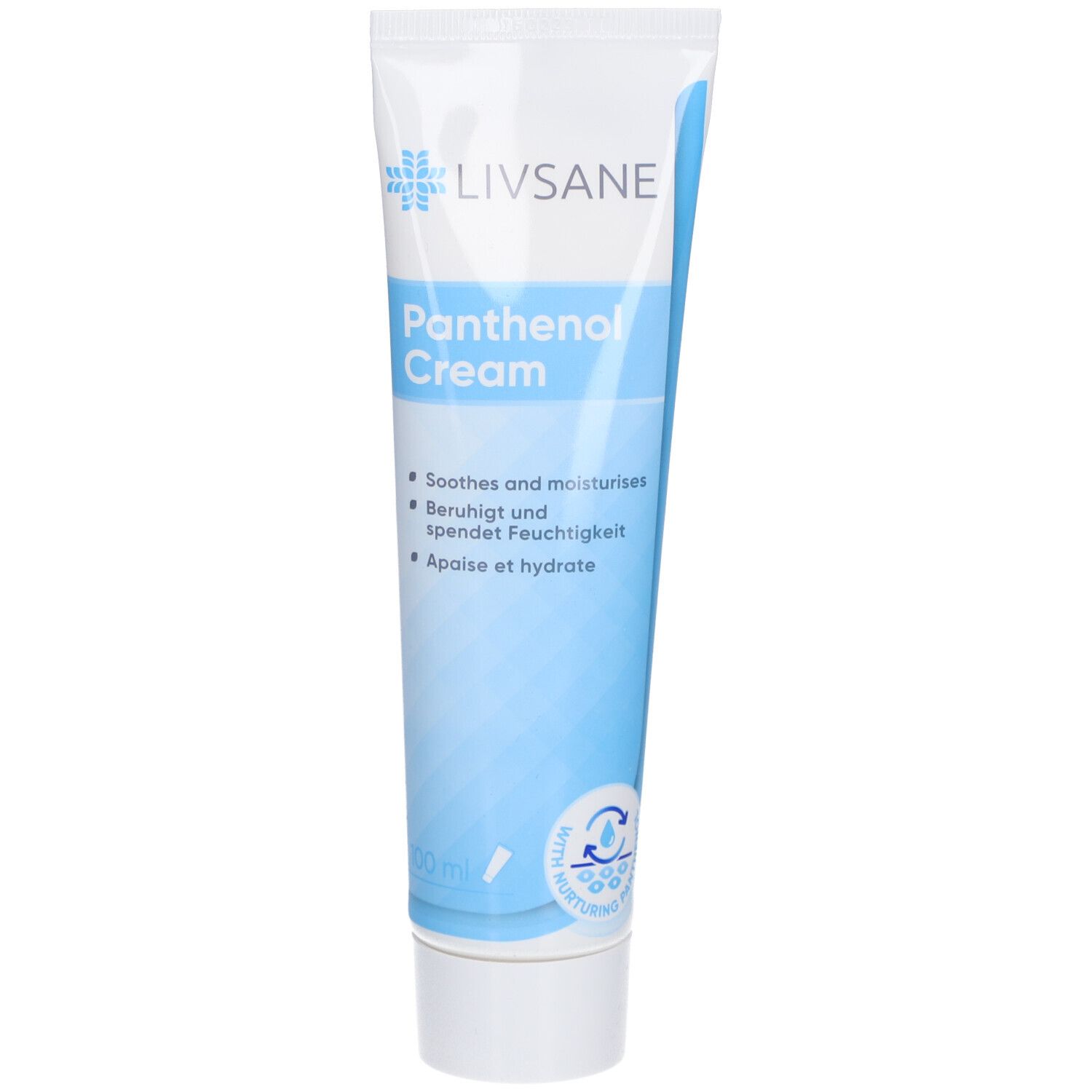Tube de crème LIVSANE Panthenol Cream. Texte en plusieurs langues. Fond bleu et blanc. Informations sur l'utilisation.