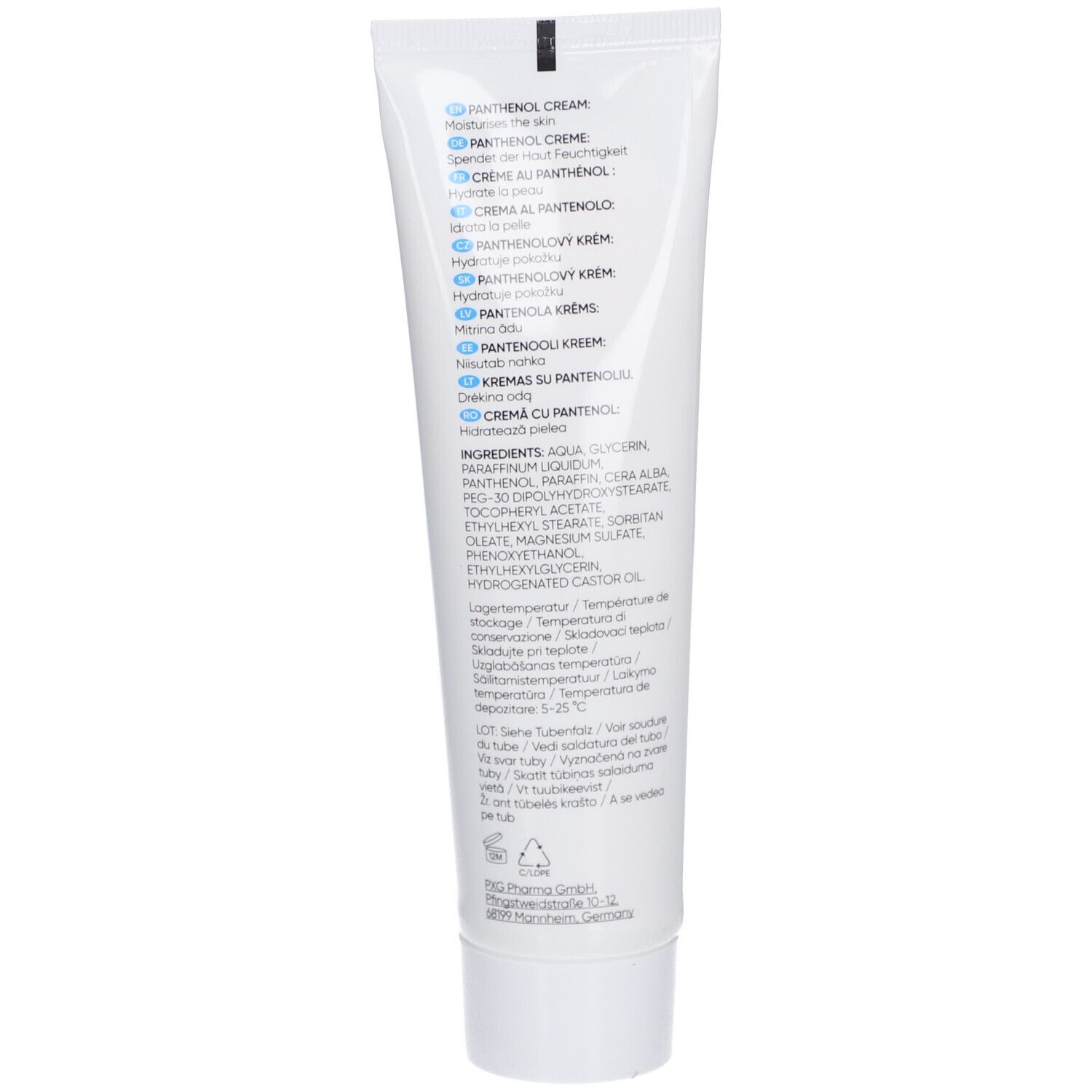 Dos du tube de crème. Informations produit, ingrédients et fabricant. Texte multilingue.