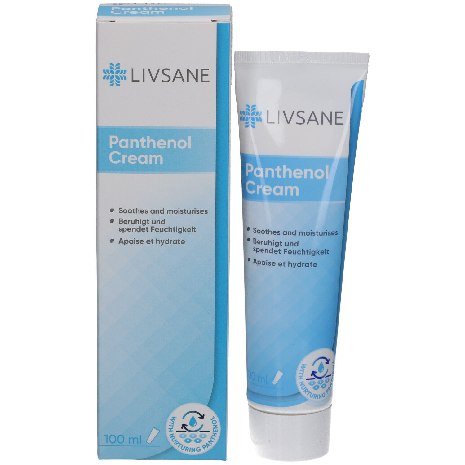 Emballage du produit avec tube et boîte. Logo LIVSANE et nom du produit. Couleurs bleu et blanc.