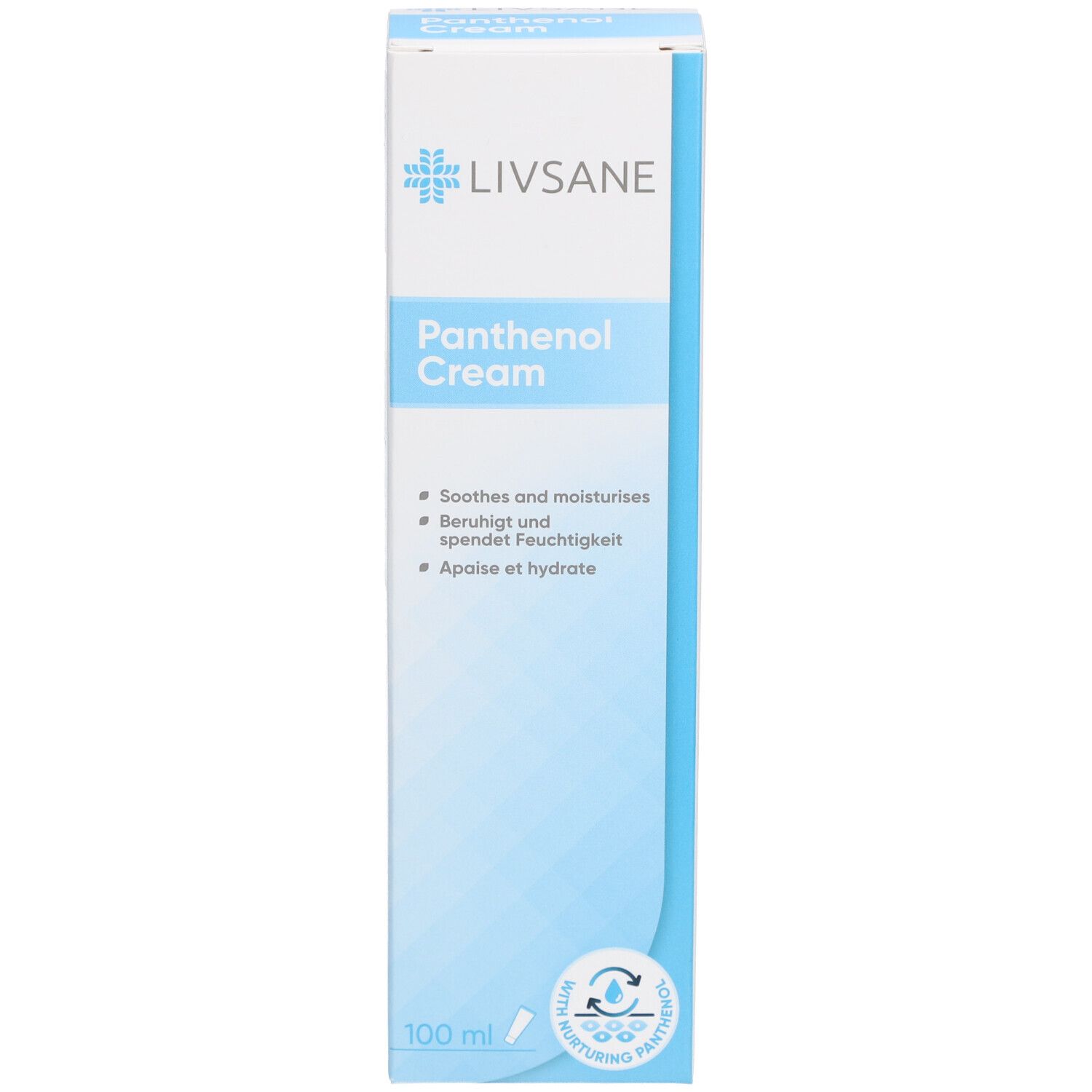 Boîte en carton avec logo LIVSANE et nom du produit. Couleurs bleu et blanc. Informations sur l'utilisation.