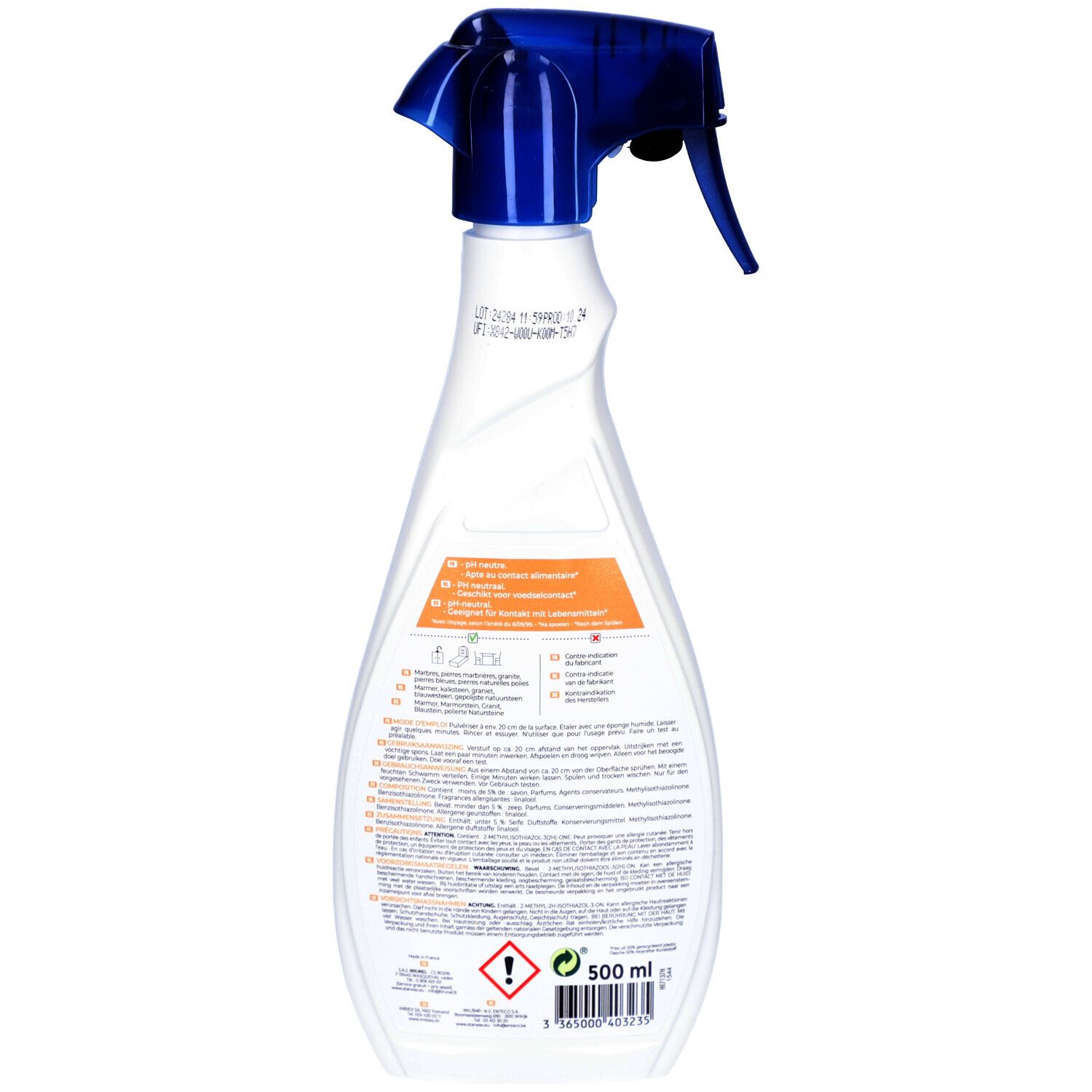 Dos du flacon pulvérisateur blanc. Texte multilingue. Avertissement. Indication de volume : 500 ml.