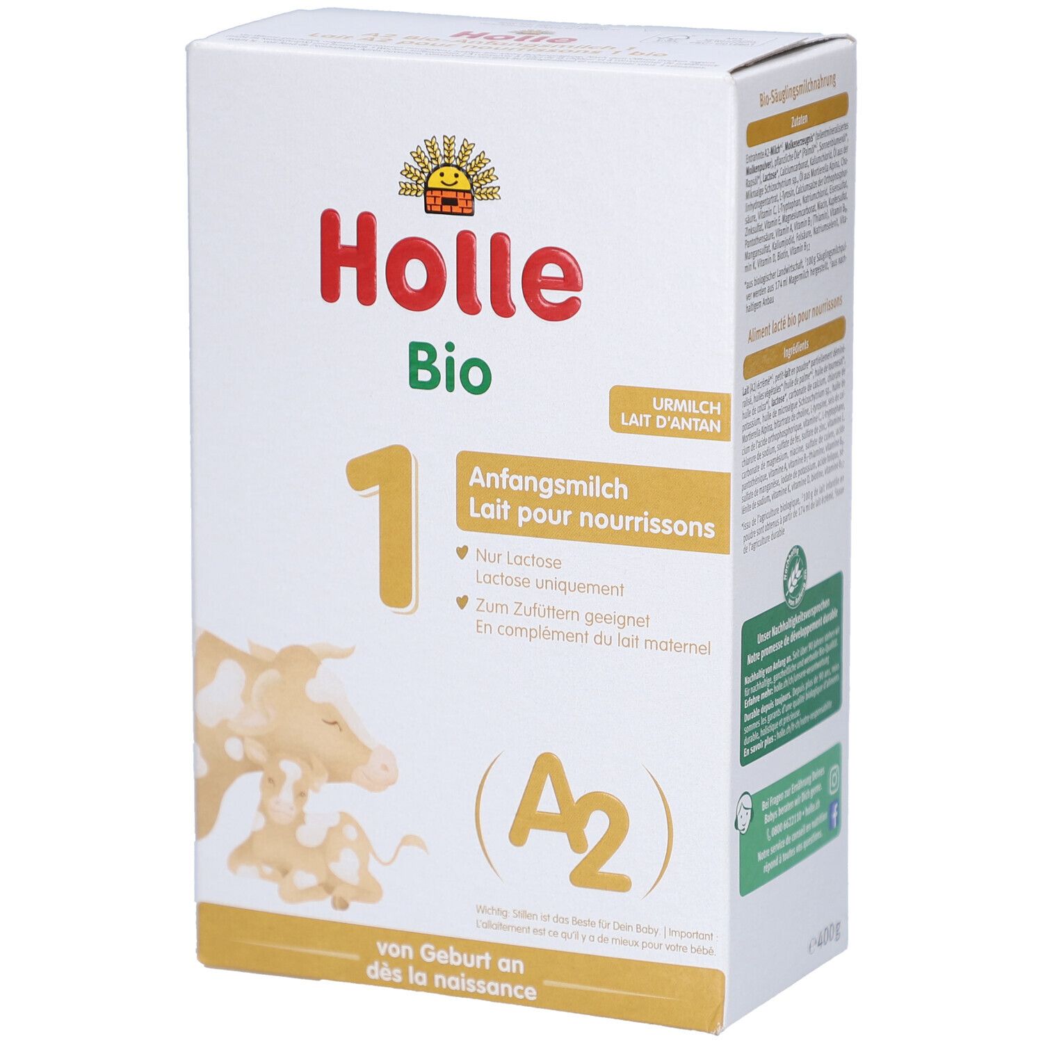 Holle Bio 1 startmelk verpakking. Bevat DHA, A2-melkeiwitten. Bio-keurmerk. Voor baby's vanaf de geboorte.