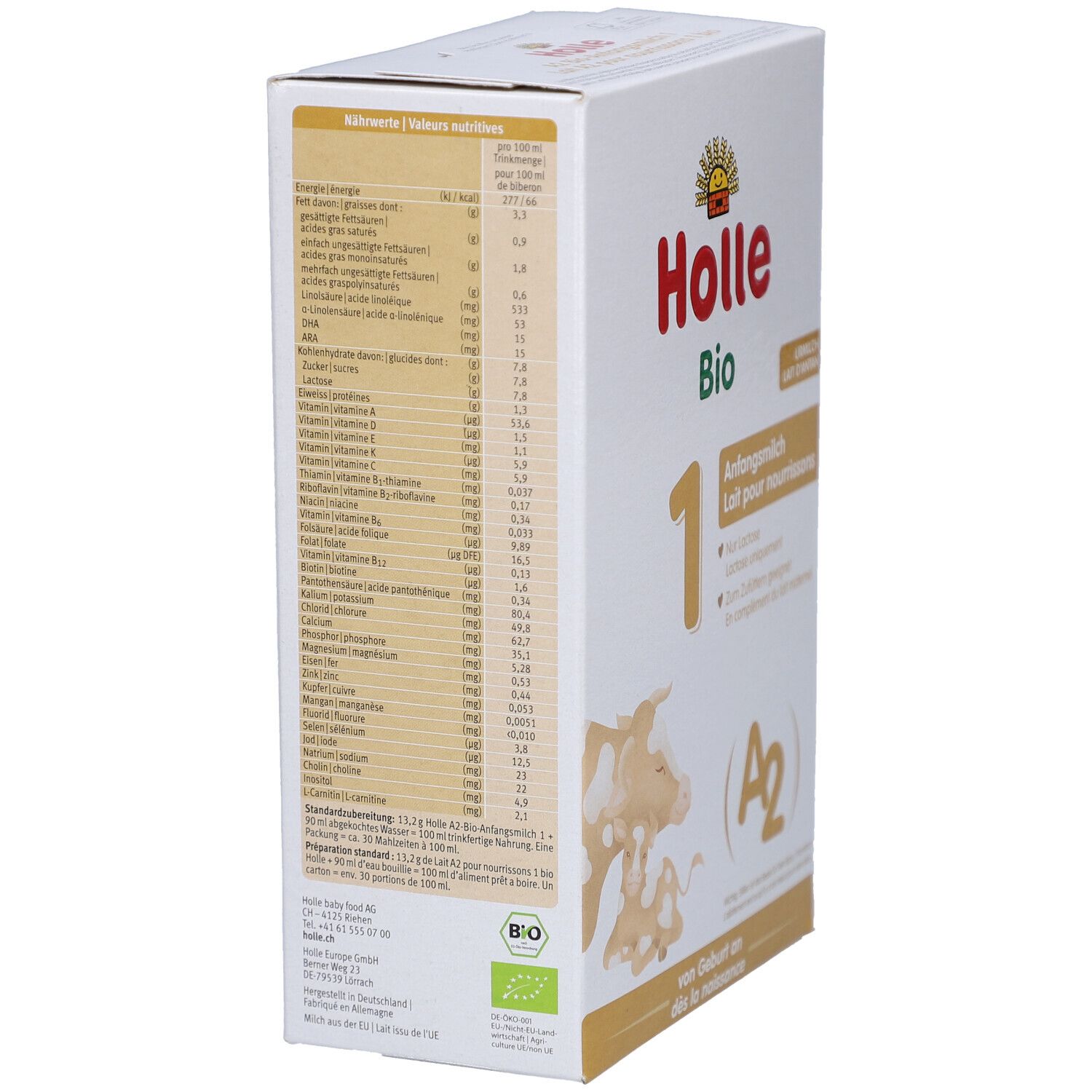 Zijkant Holle Bio 1 verpakking. Voedingswaardetabel en bio-keurmerk zichtbaar. Bevat informatie.