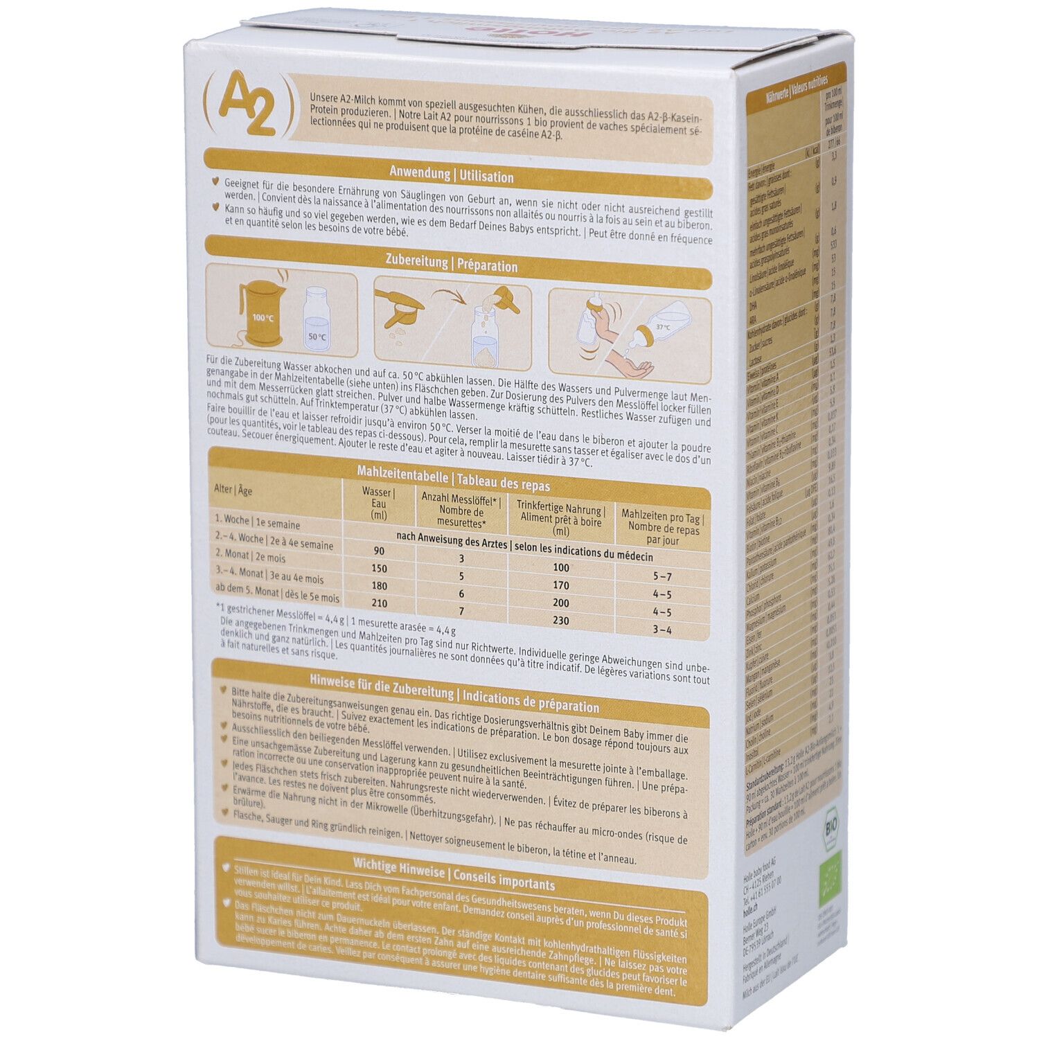 Achterkant Holle Bio 1 verpakking. Bereidingsinstructies en voedingswaardetabel. Tekst in Duits en Frans.