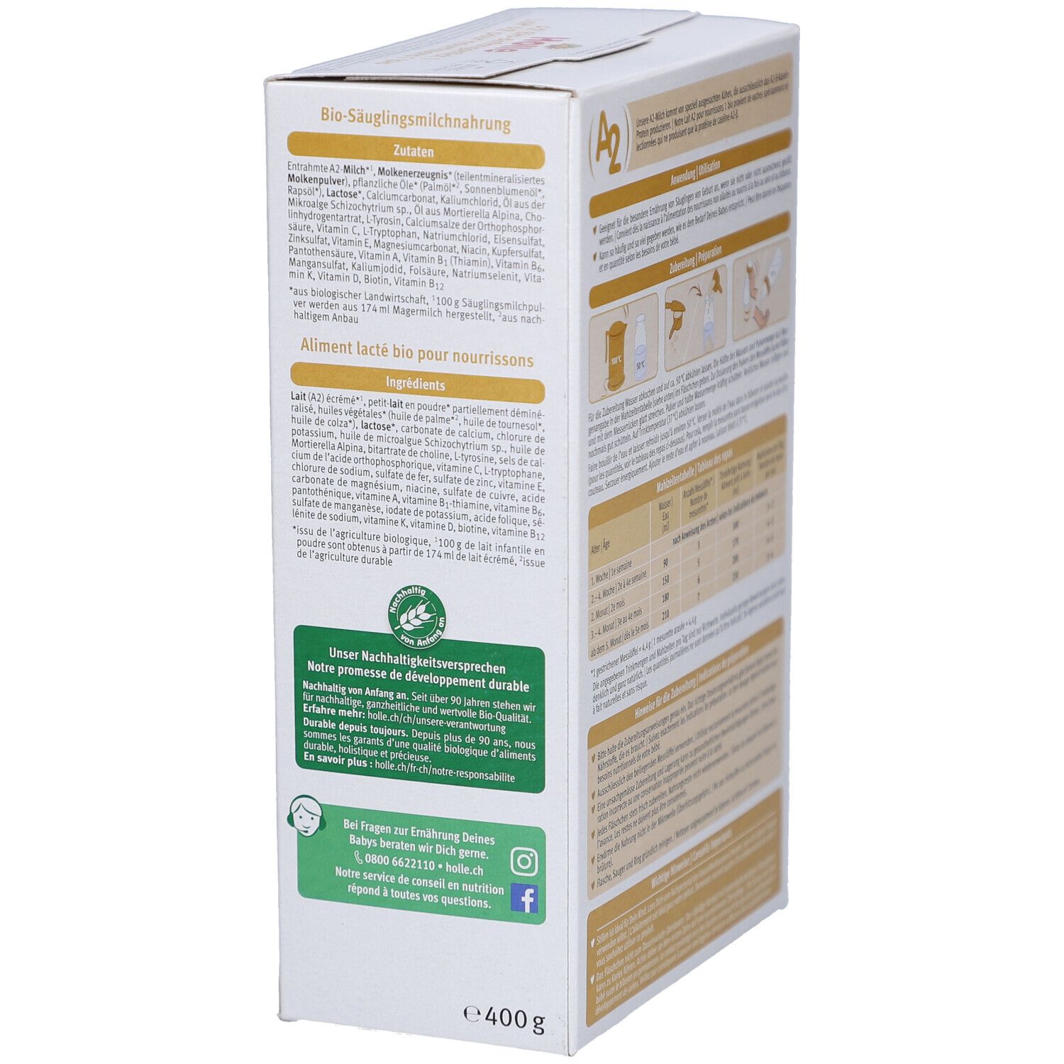 Zijkant Holle Bio 1 verpakking. Ingrediëntenlijst, voedingswaarde en bio-keurmerk. Meertalige tekst.