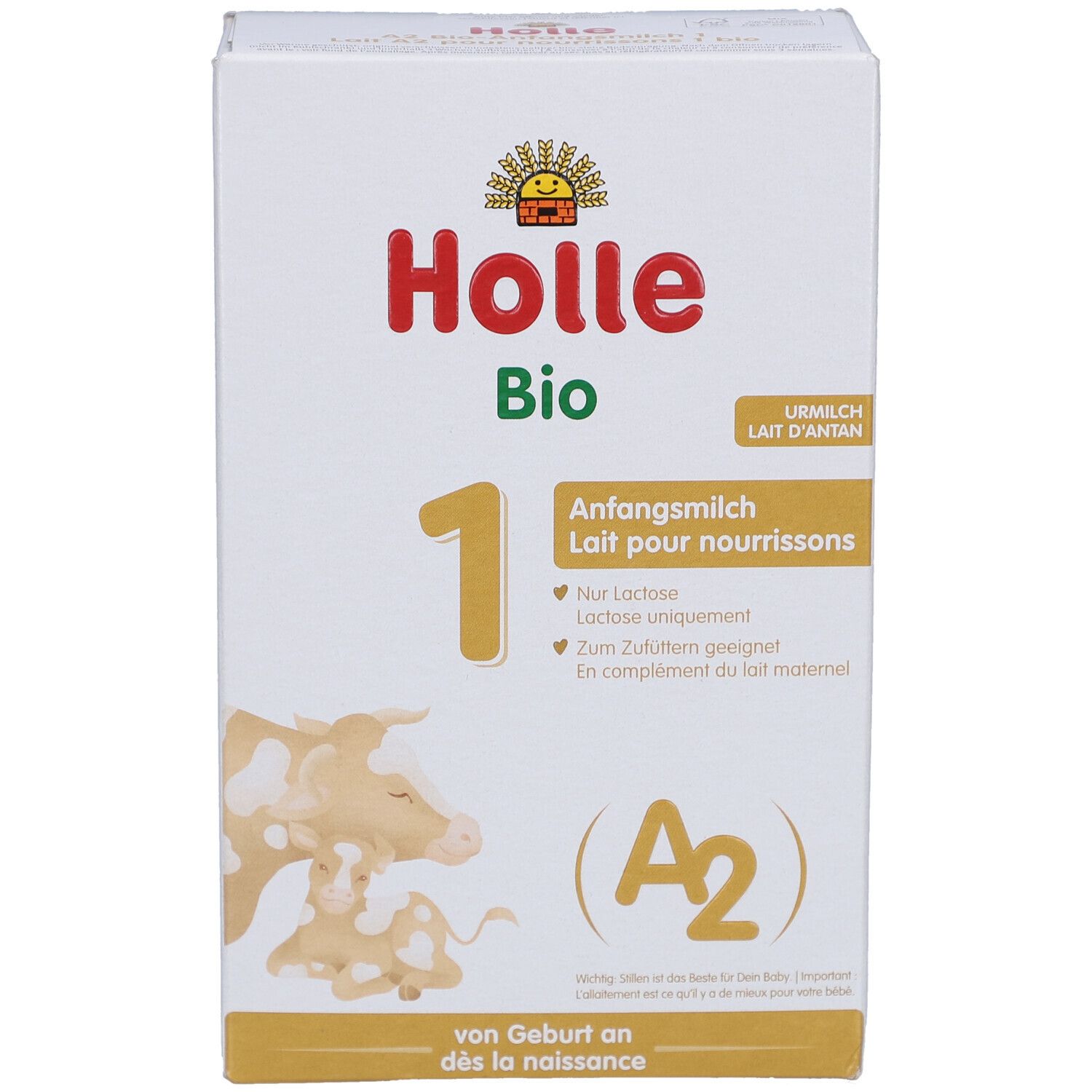 Holle Bio 1 startmelk verpakking. Bevat DHA, A2-melkeiwitten. Bio-keurmerk. Voor baby's vanaf de geboorte.