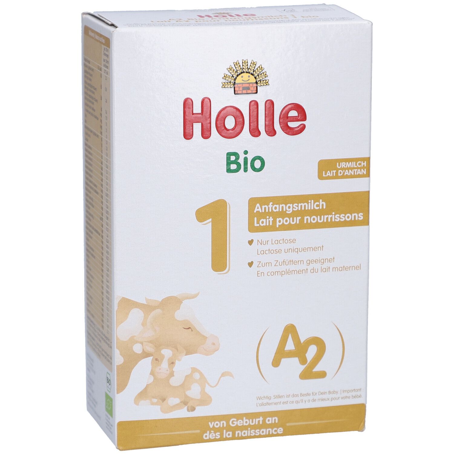 Holle Bio 1 startmelk verpakking. Bevat DHA, A2-melkeiwitten. Bio-keurmerk. Voor baby's vanaf de geboorte.
