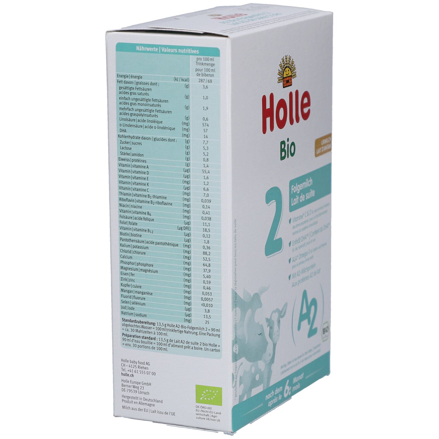 Achterkant van de Holle Bio opvolgmelk 2 verpakking met voedingswaarden en ingrediënten.