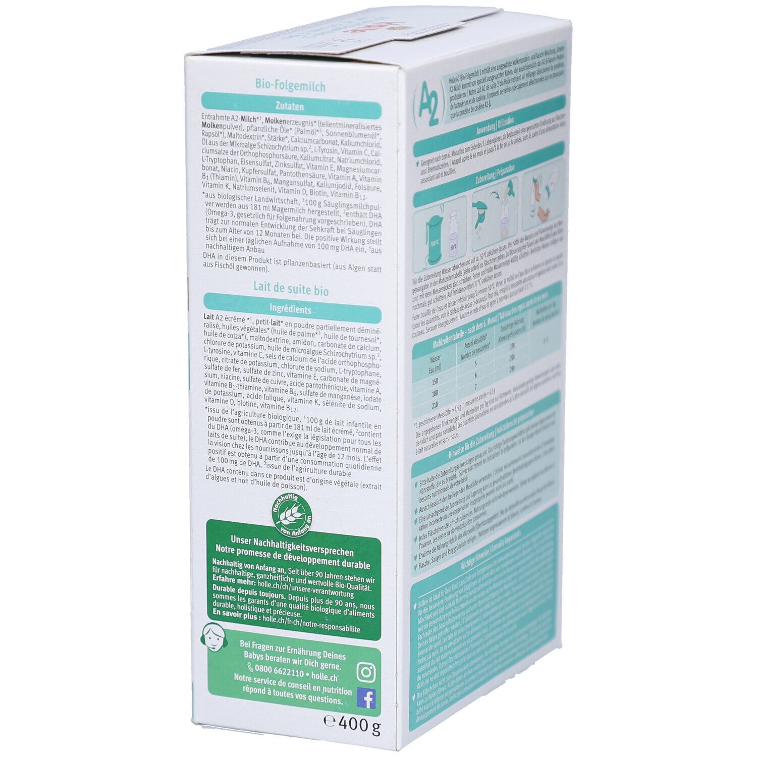 Zijaanzicht van de Holle Bio opvolgmelk 2 verpakking met gedetailleerde ingrediëntenlijst en bio-keurmerk.