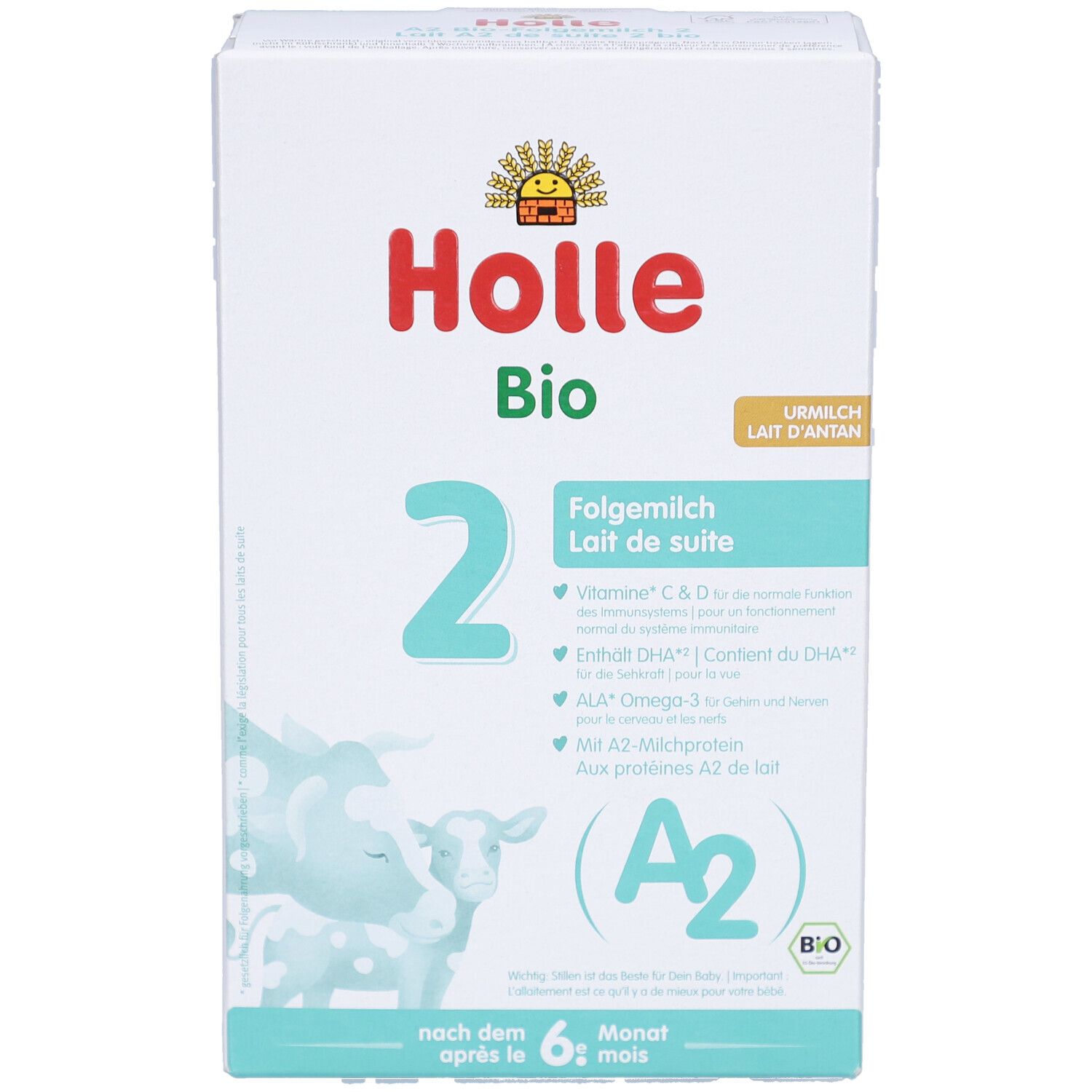 Voorkant van de Holle Bio opvolgmelk 2 verpakking met koe- en kalfafbeelding, A2-logo en bio-keurmerk.