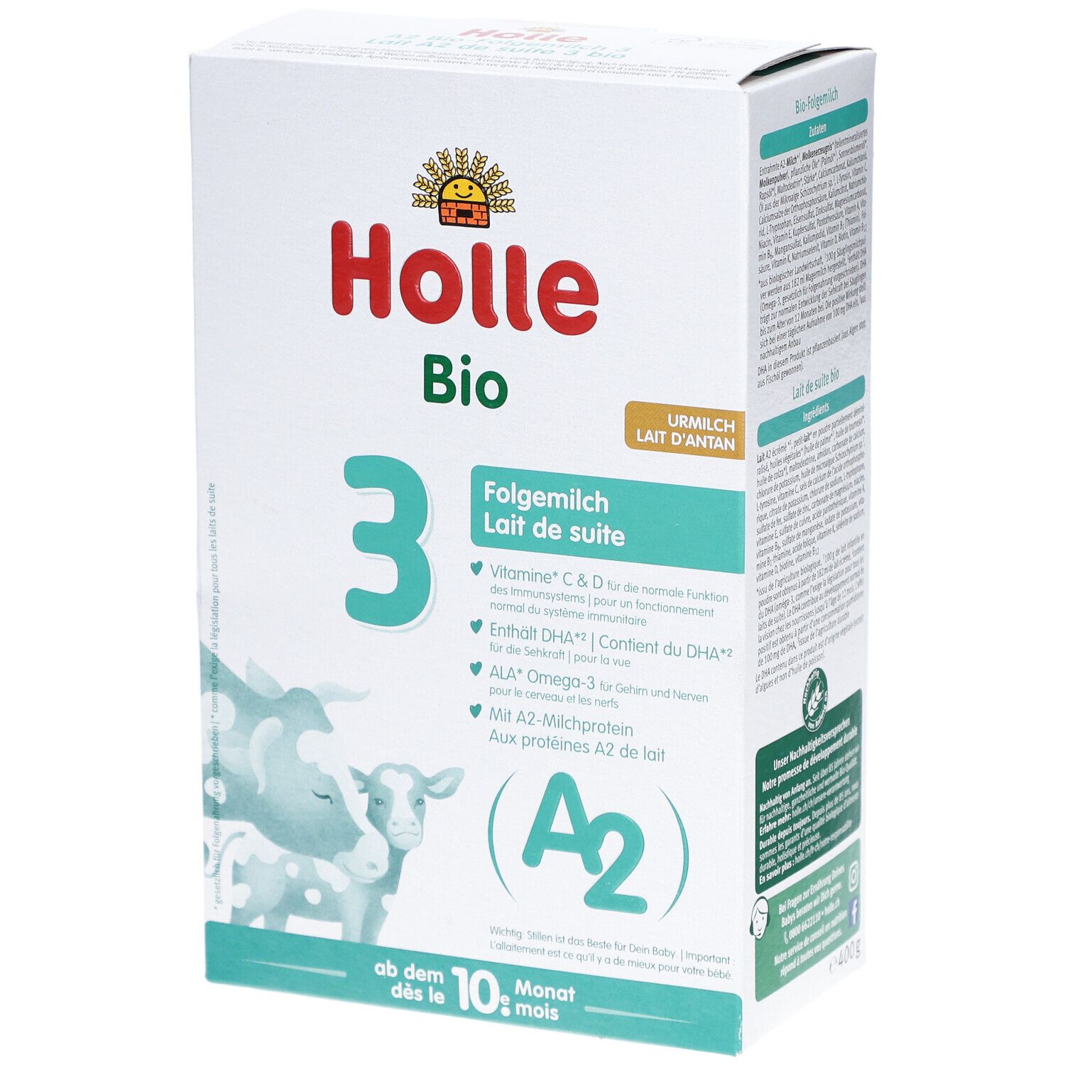 Holle Bio 3-verpakking. Bevat Vitamine C & D, DHA, Omega-3 en A2-melkeiwitten. Vanaf 10 maanden.