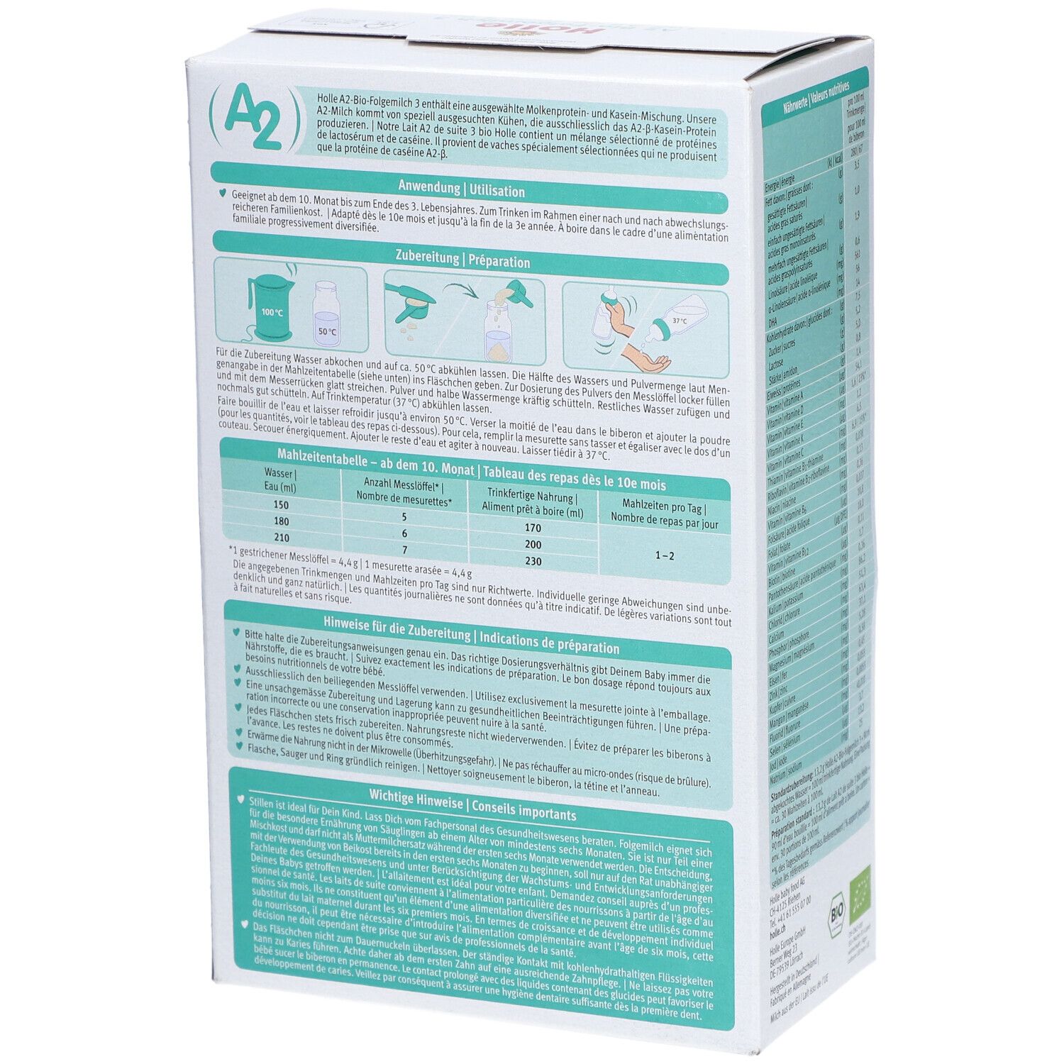 Achterkant van de Holle Bio 3-verpakking. Bereidingsinformatie en instructies.