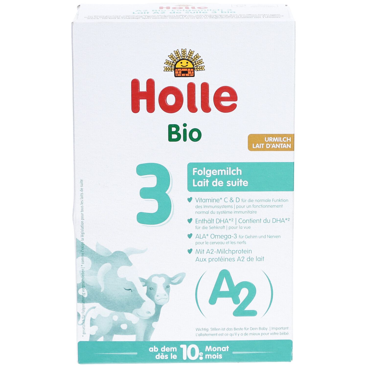 Holle Bio 3-verpakking. Bevat Vitamine C & D, DHA, Omega-3 en A2-melkeiwitten. Vanaf 10 maanden.