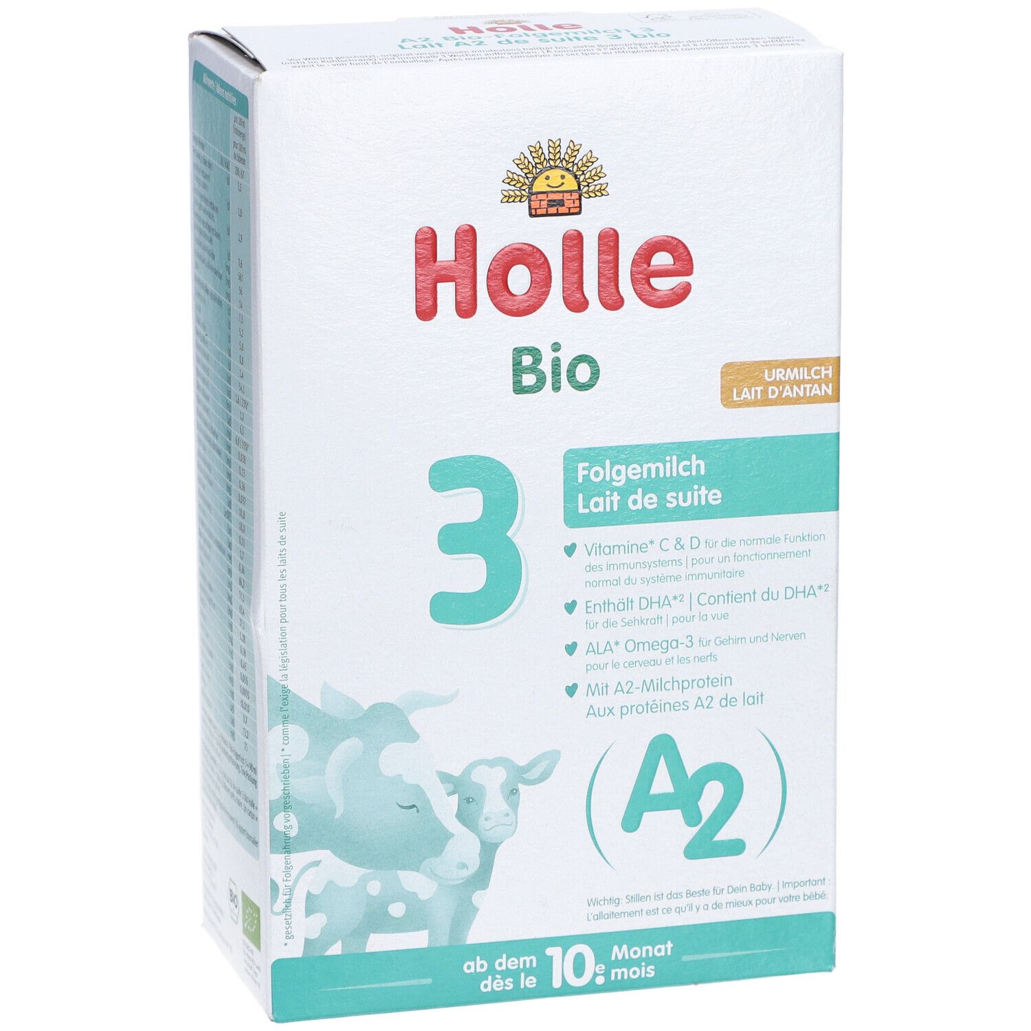 Holle Bio 3-verpakking. Bevat Vitamine C & D, DHA, Omega-3 en A2-melkeiwitten. Vanaf 10 maanden.