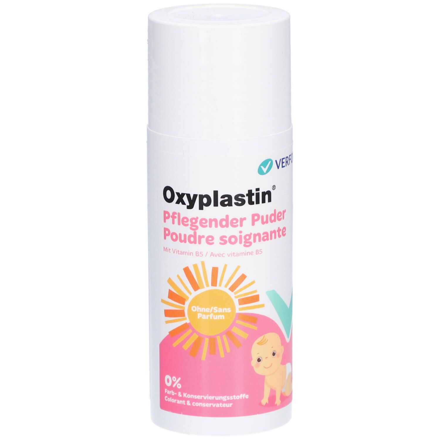 Oxyplastin Poudre soignante. Flacon blanc avec nom du produit, illustration bébé et informations. Sans parfum.