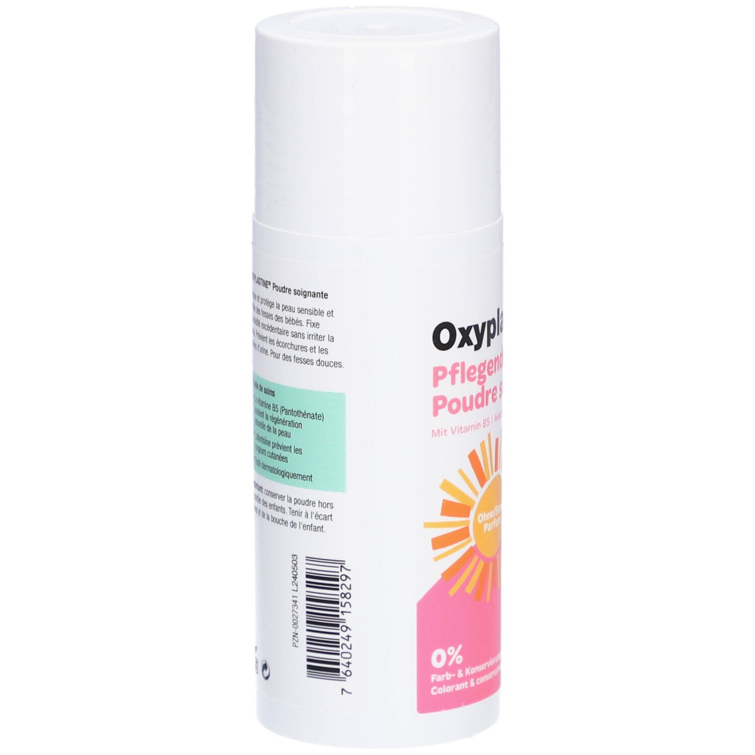 Oxyplastin Poudre soignante. Dos du flacon avec informations produit, ingrédients et coordonnées du fabricant.