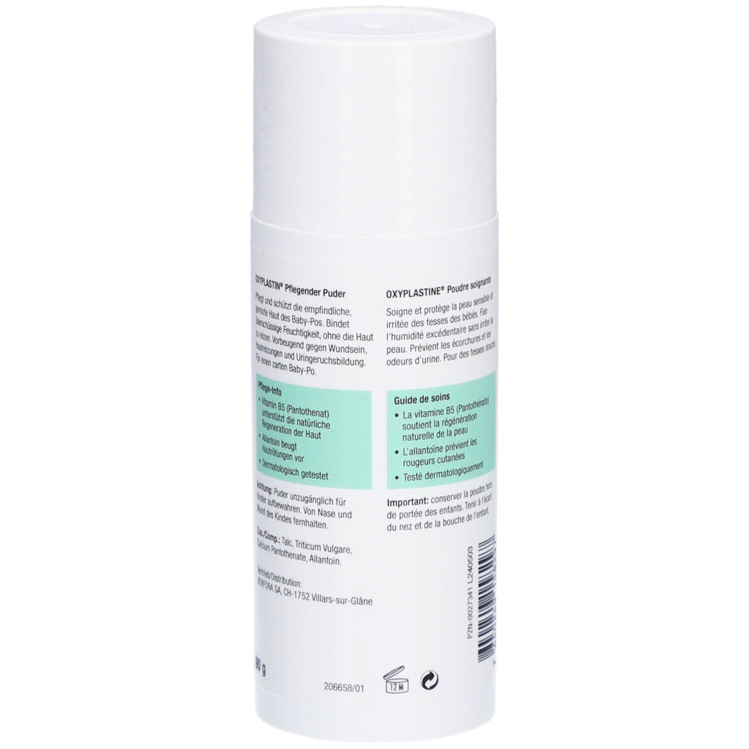 Oxyplastin Poudre soignante. Dos du flacon avec informations produit, ingrédients et coordonnées du fabricant.