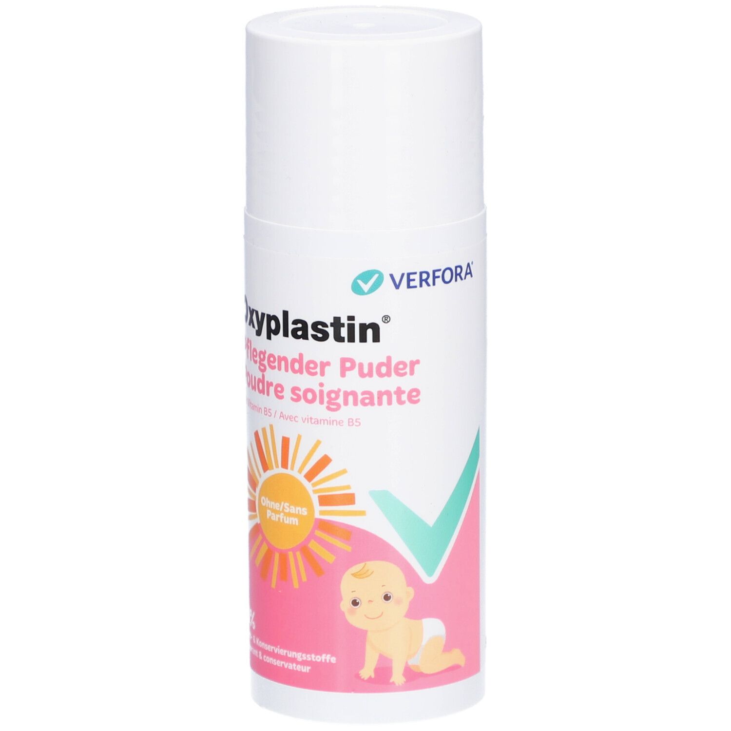 Oxyplastin Poudre soignante. Flacon blanc avec nom du produit, illustration bébé et informations. Sans parfum.