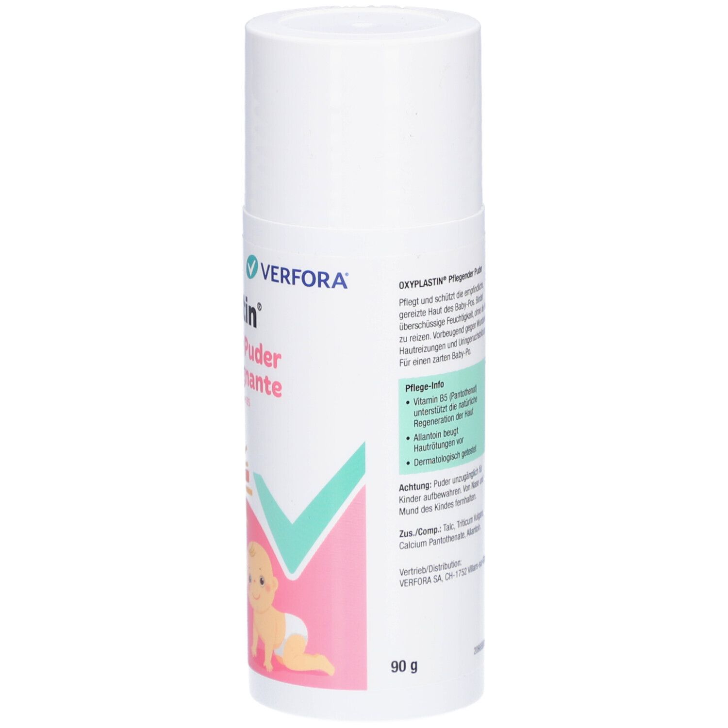 Oxyplastin Poudre soignante. Flacon avec nom du produit, illustration bébé et informations. 90g.