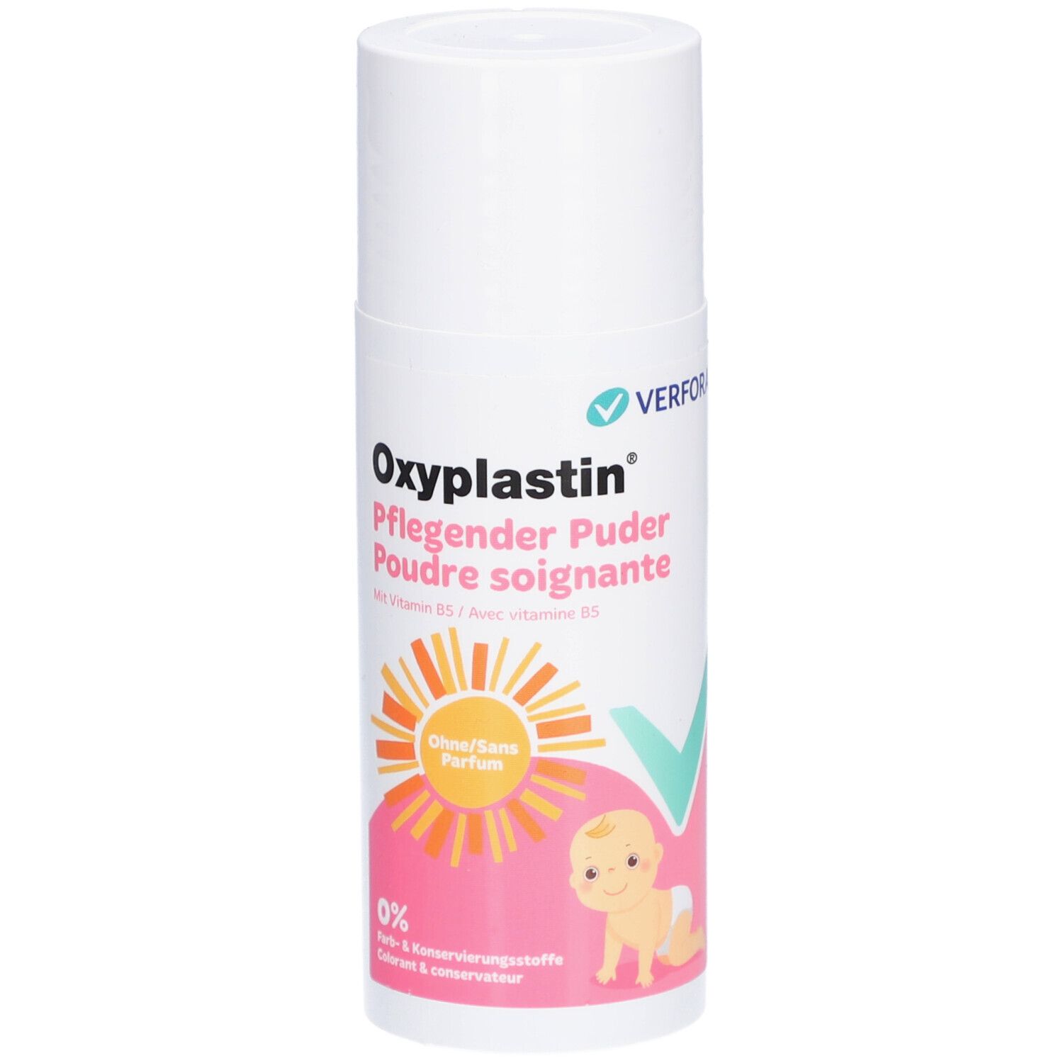 Oxyplastin Poudre soignante. Flacon blanc avec nom du produit, illustration bébé et informations. Sans parfum.