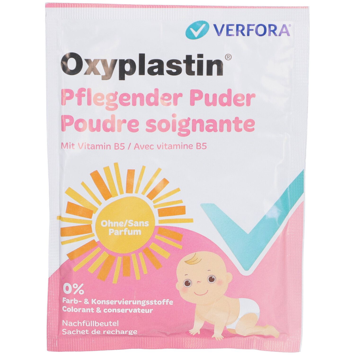 Oxyplastin Pflegender Puder zakje. Roze-witte verpakking met baby-illustratie. Tekst: Zonder parfum, vitamine B5.
