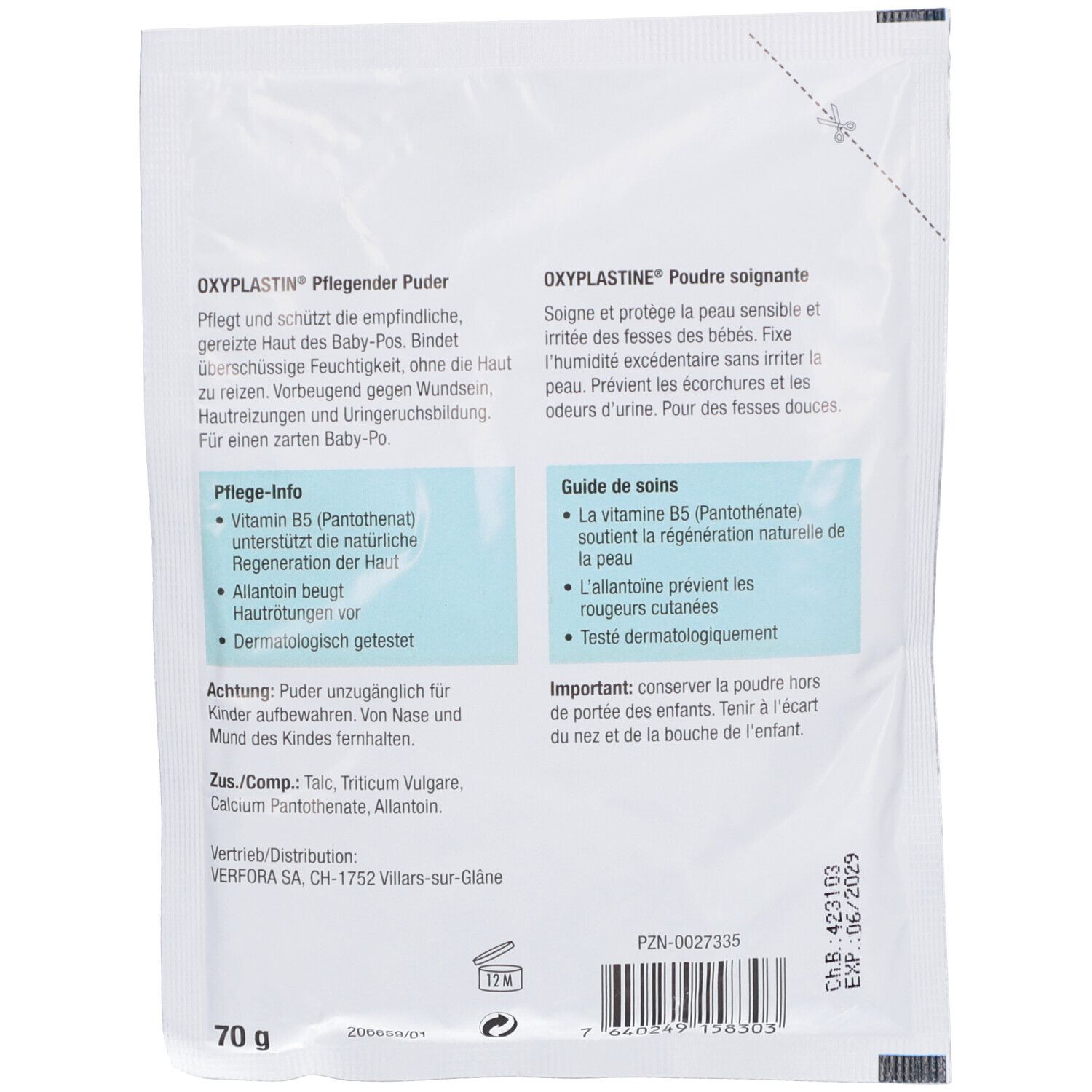 Achterkant van de Oxyplastin Pflegender Puder zakje. Tekst, ingrediënten, gebruiksaanwijzing. Gewicht: 70g.