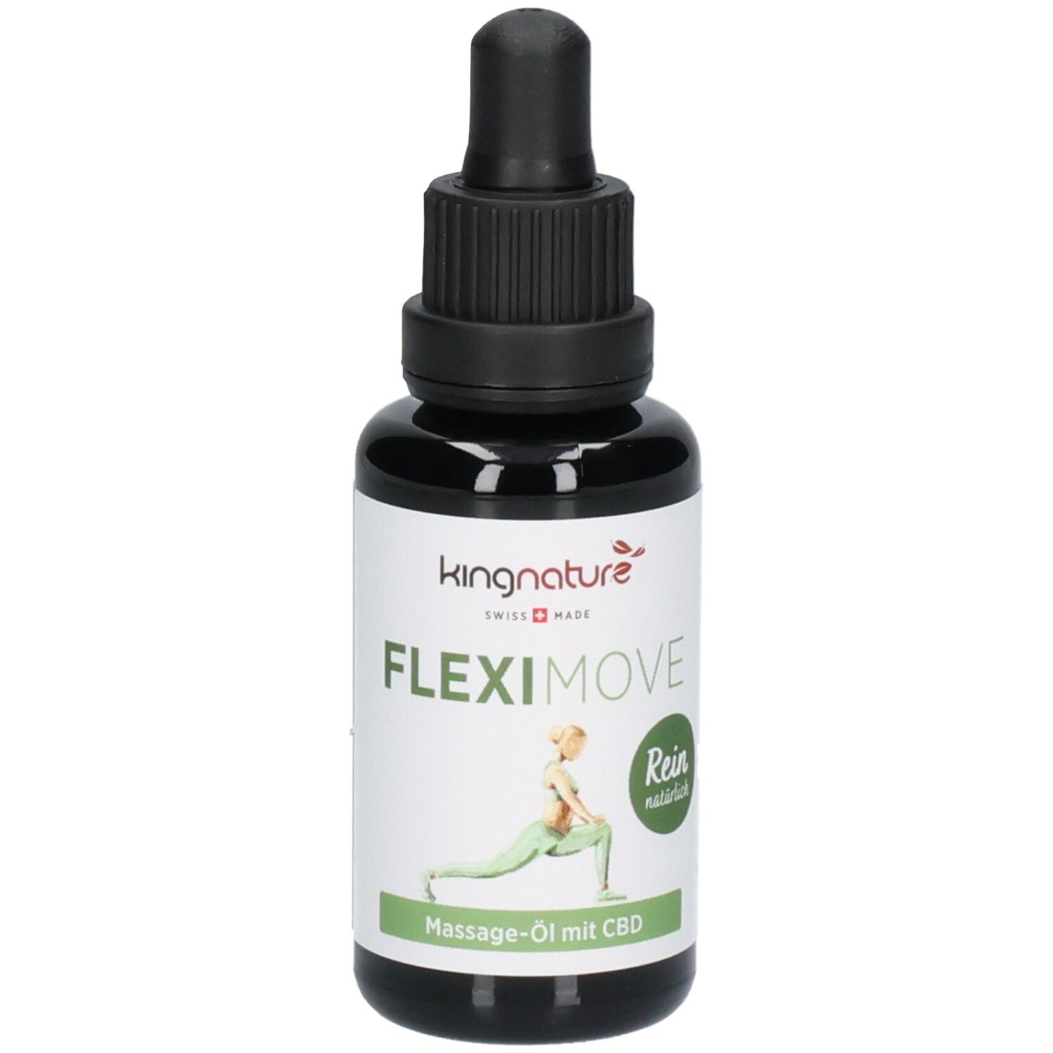 Flacon en verre brun foncé avec bouchon compte-gouttes. L'étiquette indique "kingnature FLEXIMOVE Massage-Öl mit CBD" et une femme en position d'étirement.