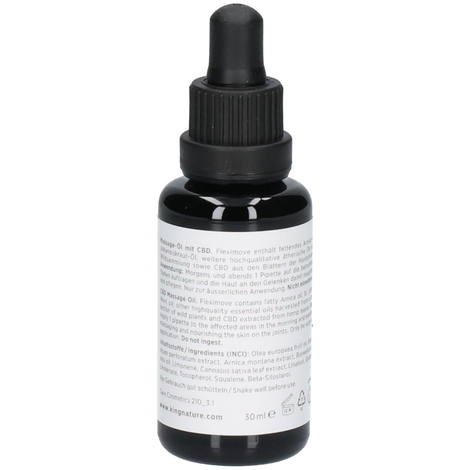Flacon en verre brun foncé avec compte-gouttes, 30 ml. Contient une huile de massage au CBD.
