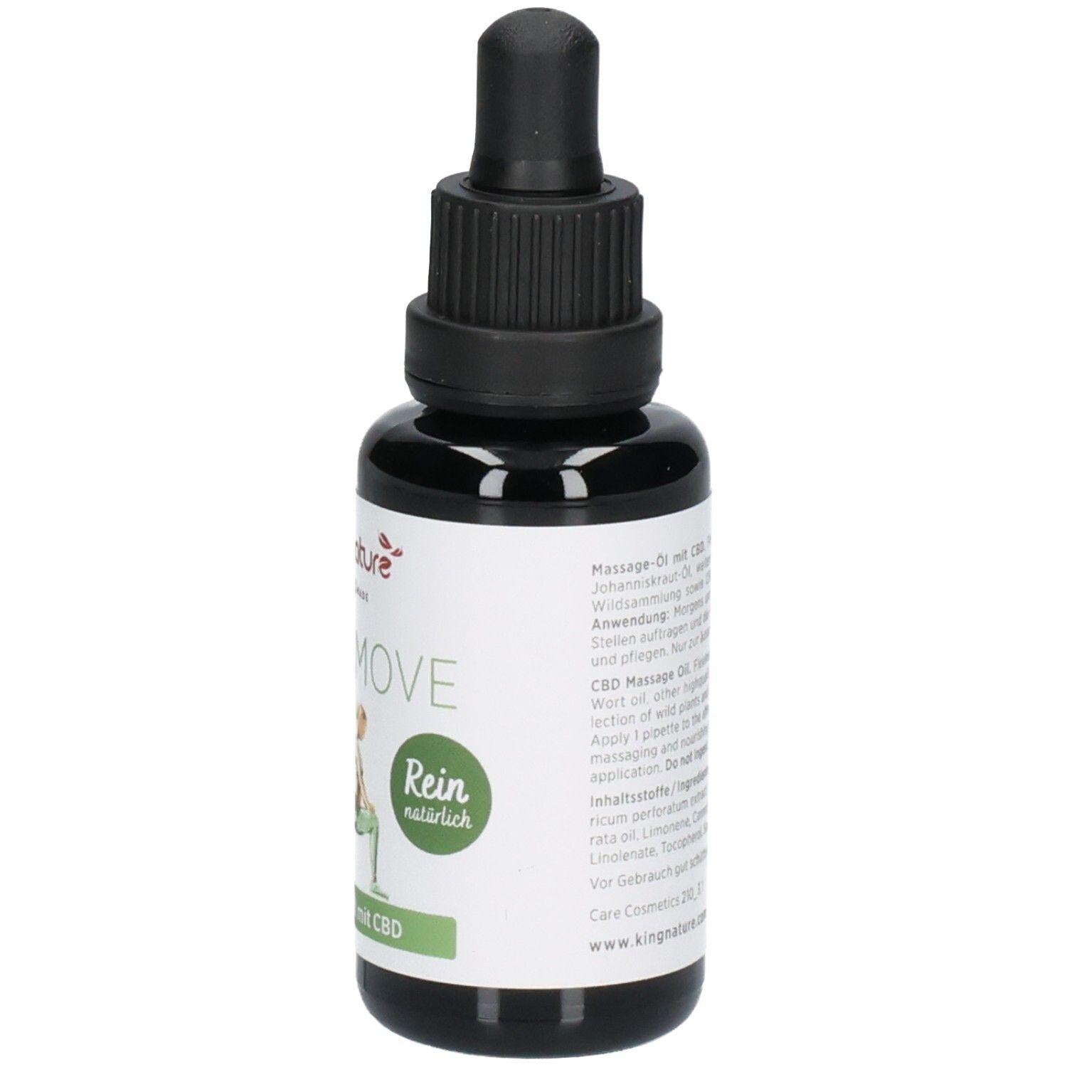 Flacon en verre foncé avec bouchon compte-gouttes, étiquette "MOVE" et "Rein natürlich", 10ml CBD.