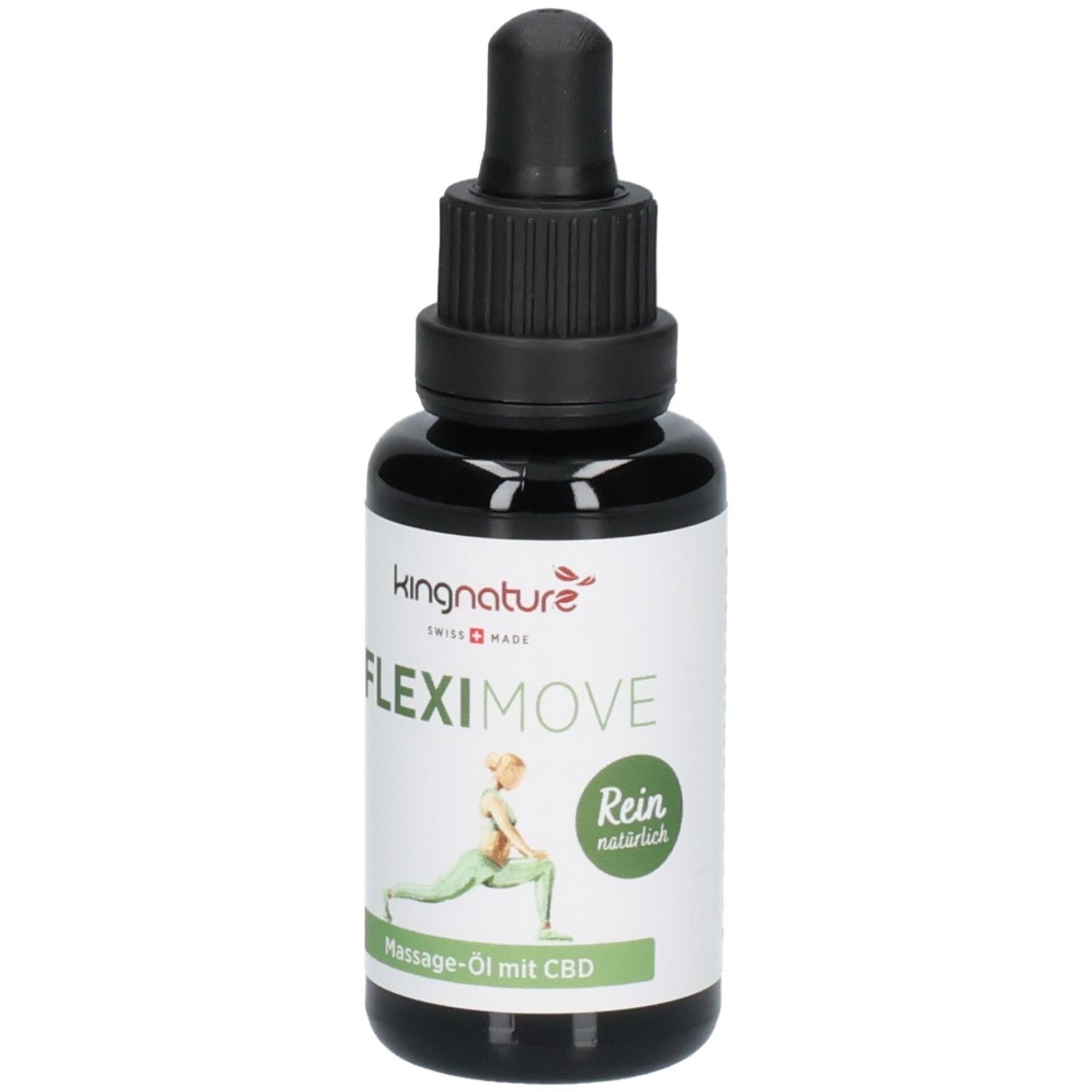 Flacon en verre brun foncé avec compte-gouttes. Étiquette "kingnature FLEXIMOVE" et "Huile de massage au CBD".
