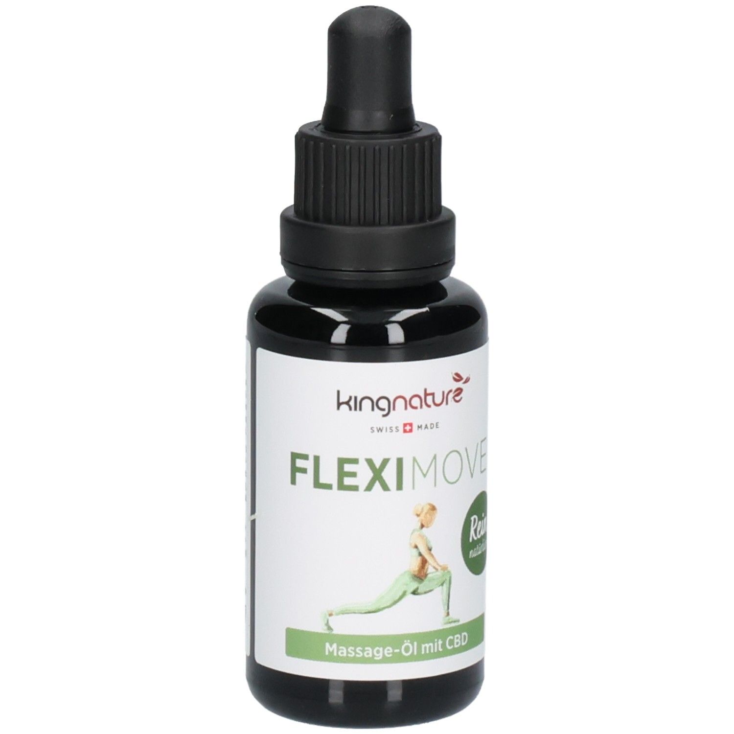 Flacon en verre brun foncé avec compte-gouttes. Étiquette "kingnature FLEXIMOVE Massage-Öl mit CBD" et femme en posture d'étirement.