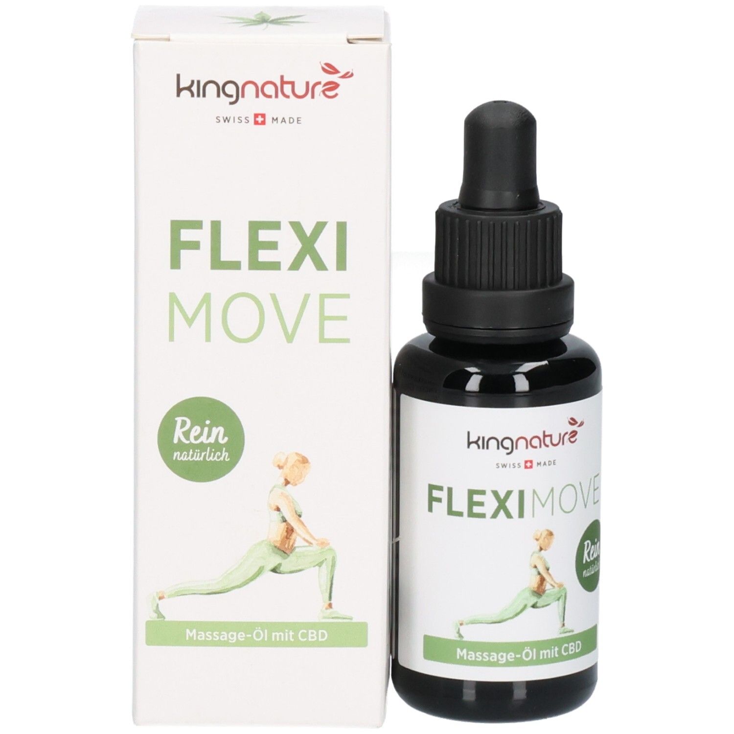 Huile de massage Kingnature Flexi Move avec CBD dans un flacon compte-gouttes foncé avec pipette et boîte.