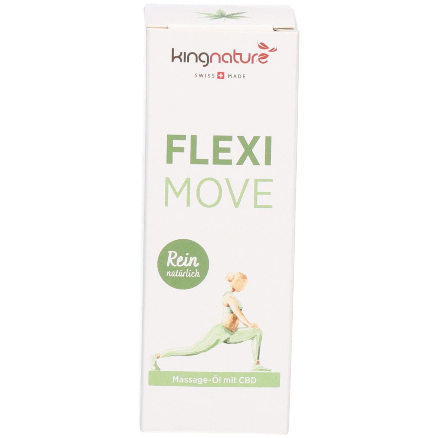 Emballage pour 'FLEXI MOVE Huile de massage au CBD'. Montre une femme en position d'étirement. Logo 'kingnature SWISS MADE' en haut.