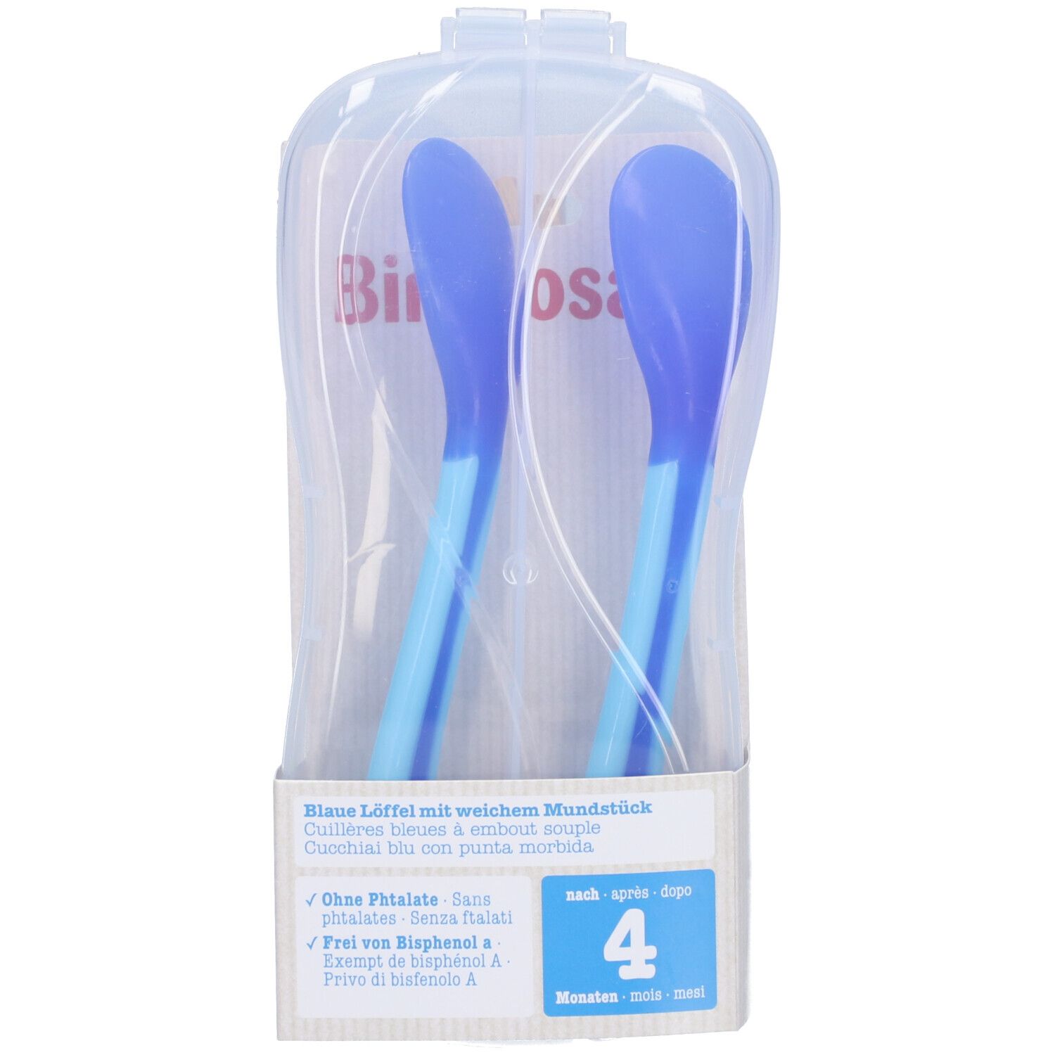Twee blauwe baby lepels in transparante verpakking. Zachte lepels. Tekst: Bimbosan, vanaf 4 maanden.