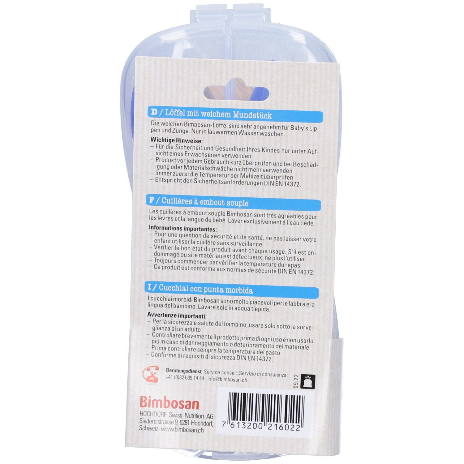 Achterkant van de verpakking met tekst. Tekst: Bimbosan, lepel met zachte punt. Waarschuwingen en gebruiksaanwijzing.