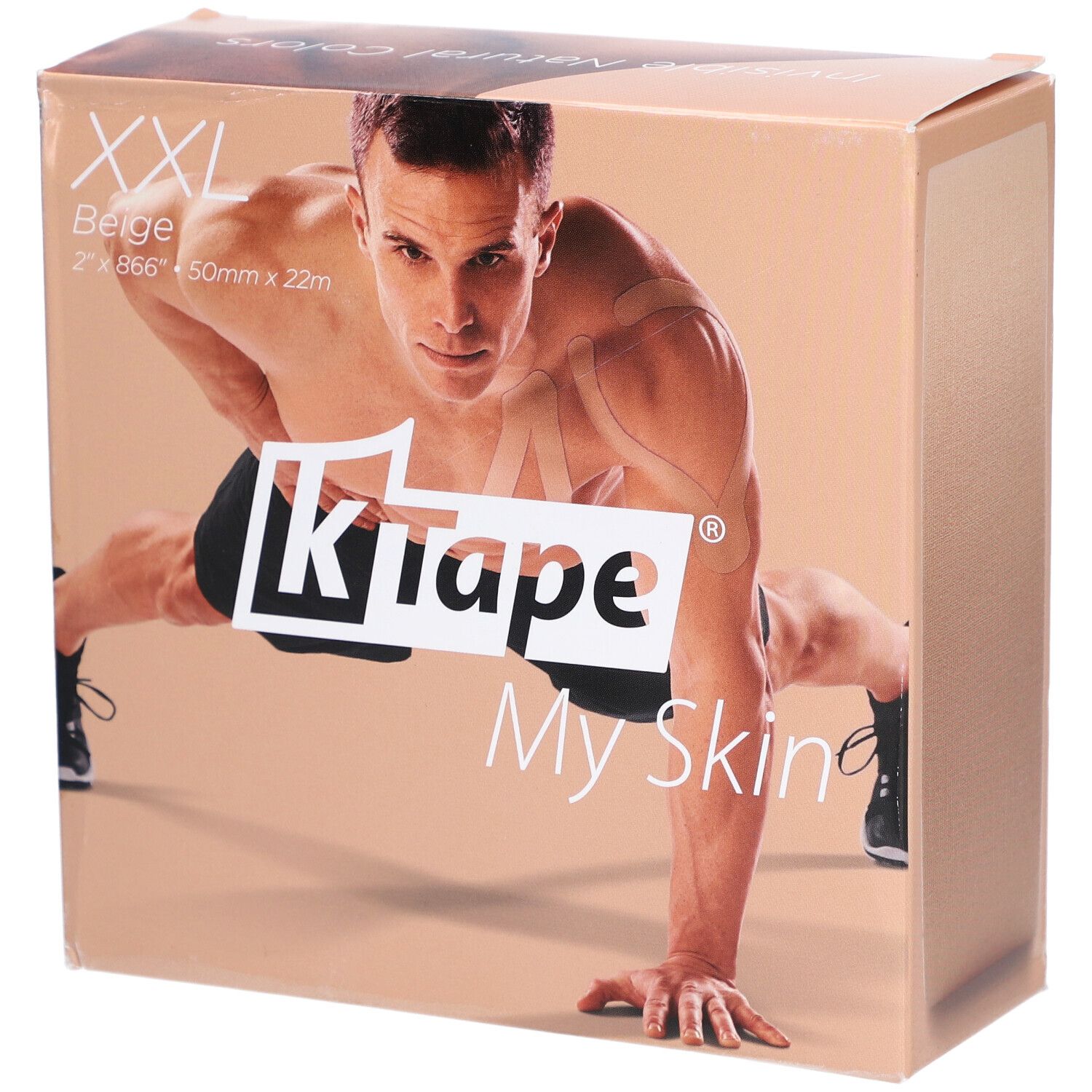 Emballage K-Tape XXL. Beige, 2 x 866" x 50mm x 22m. Homme en position sportive.