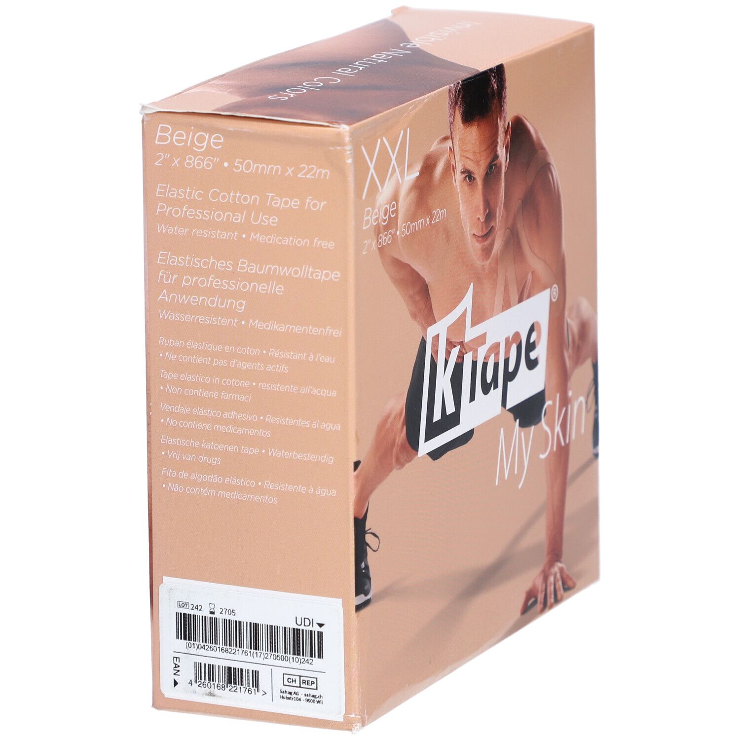 Emballage K-Tape XXL. Beige, 2 x 866" x 50mm x 22m. Texte: Elastic Cotton Tape for Professional Use.