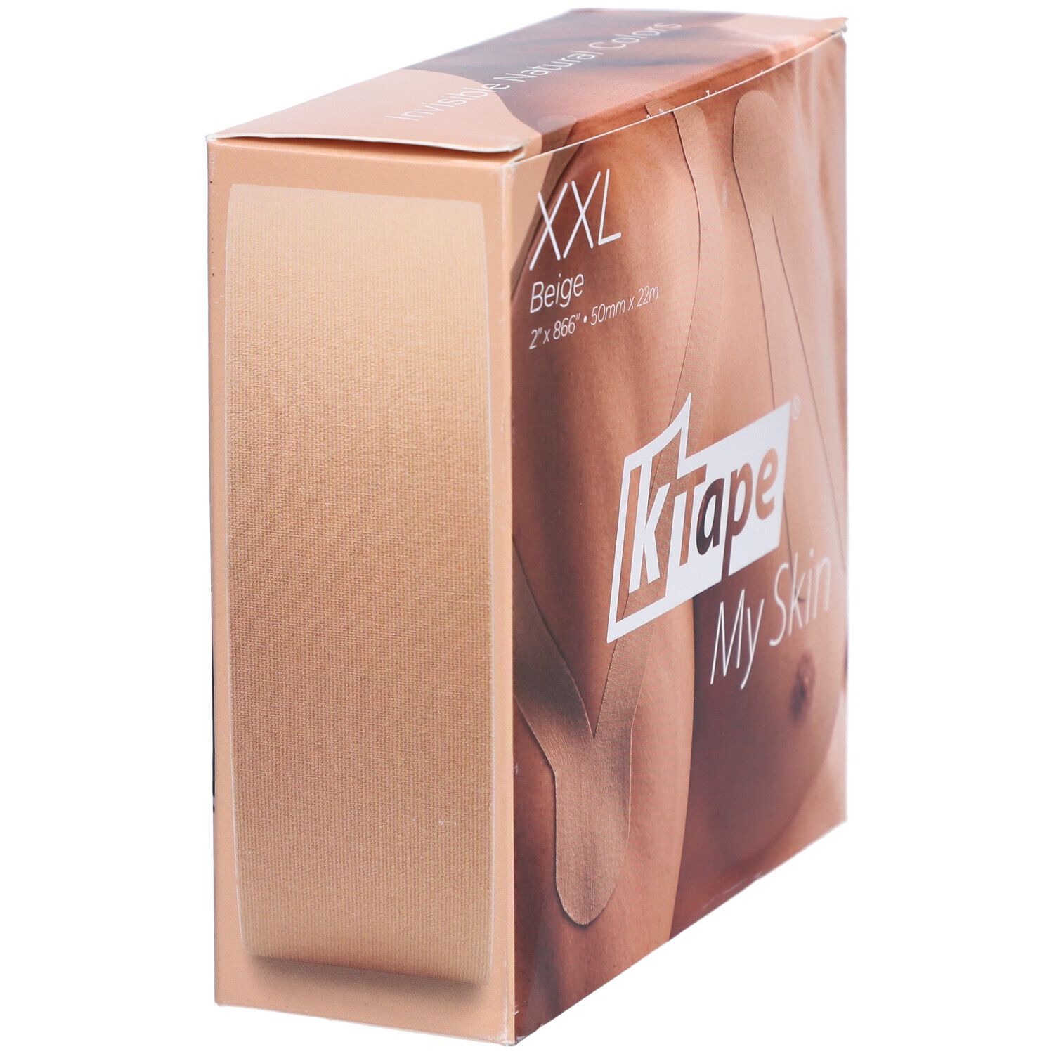 Emballage K-Tape XXL. Beige, 2 x 866" x 50mm x 22m. Vue latérale de l'emballage.