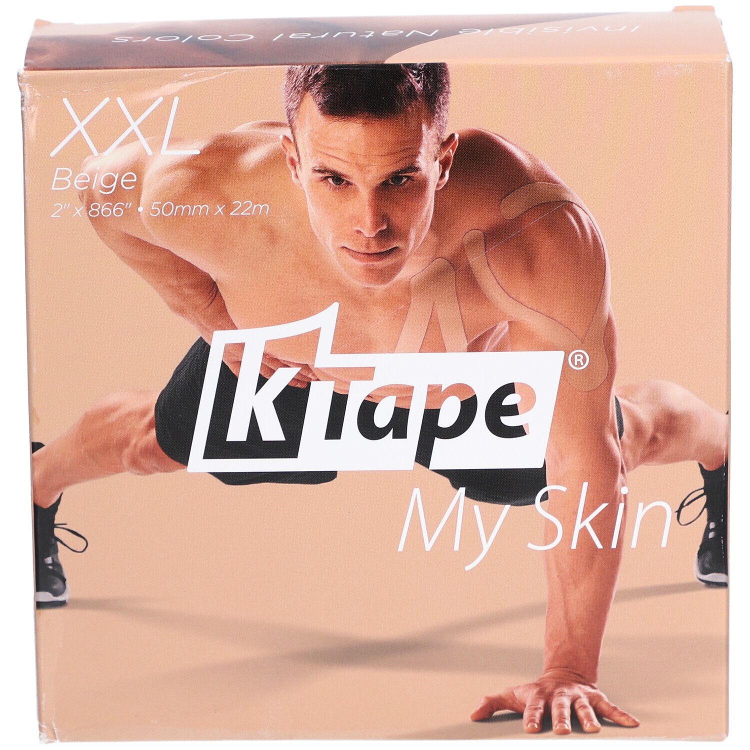 Emballage K-Tape XXL. Beige, 2 x 866" x 50mm x 22m. Homme en position sportive.